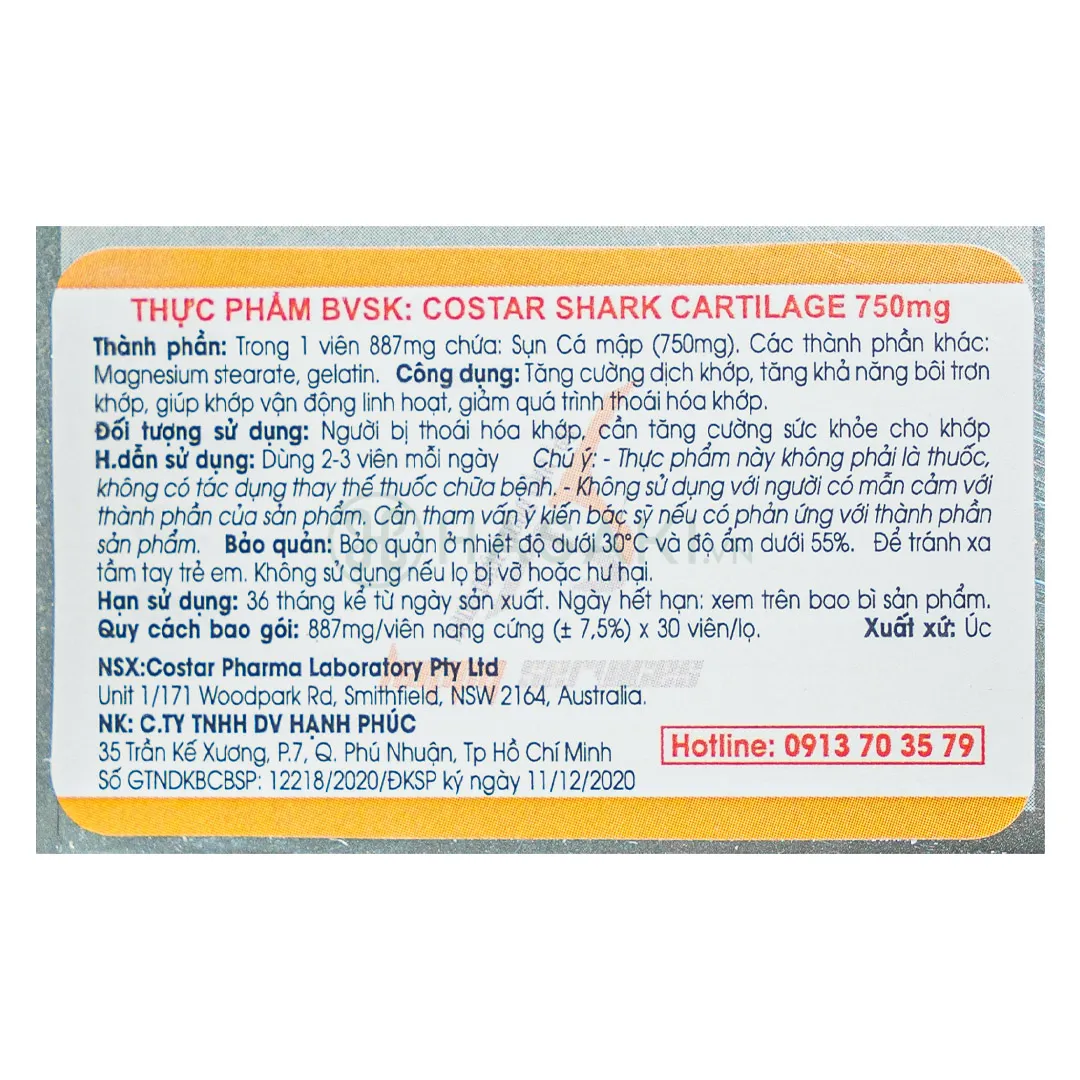 Thực Phẩm Bảo Vệ Sức Khỏe Costar Shark Cartilage 750mg 2