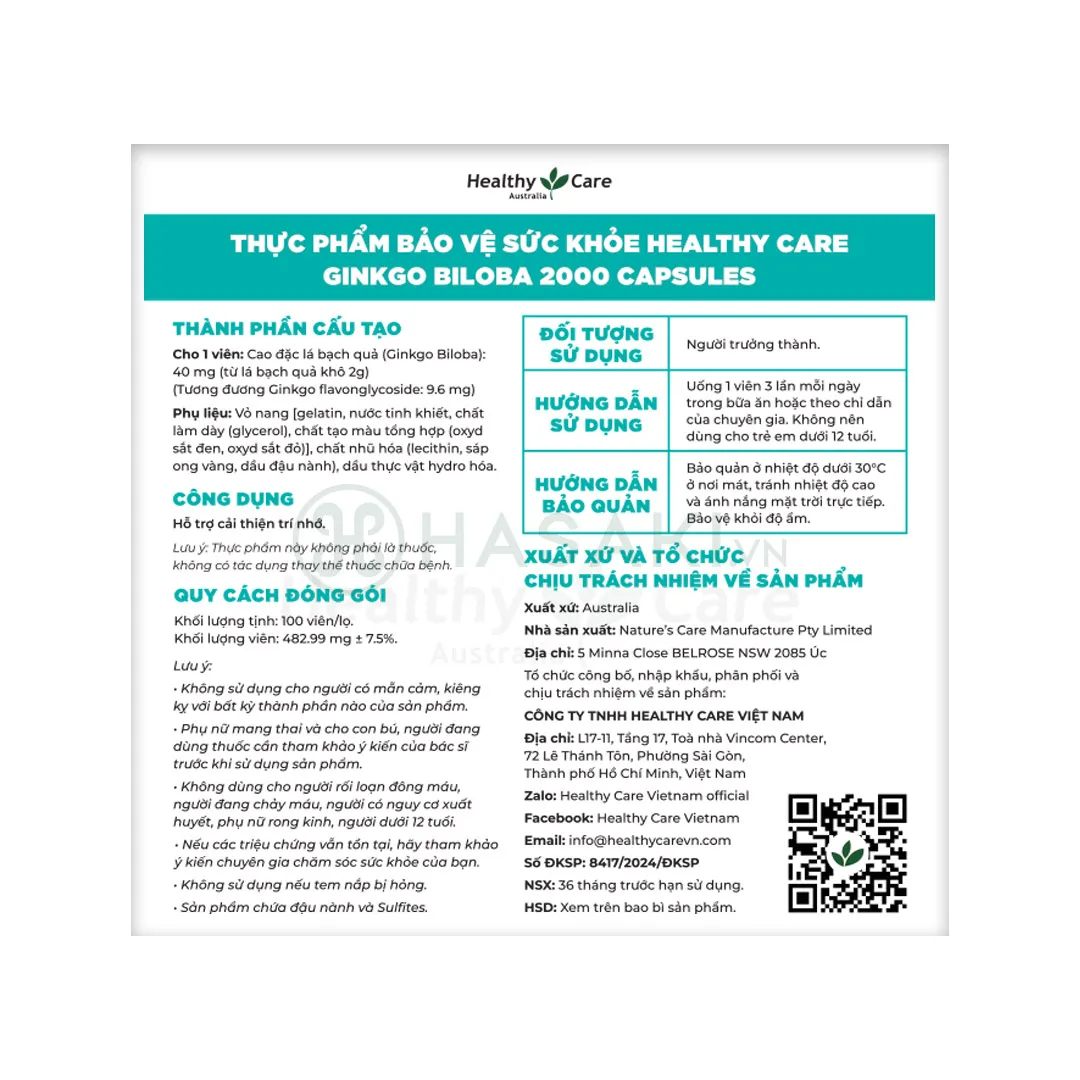 Thực Phẩm Bảo Vệ Sức Khỏe Healthy Care Ginkgo Biloba 2000 4