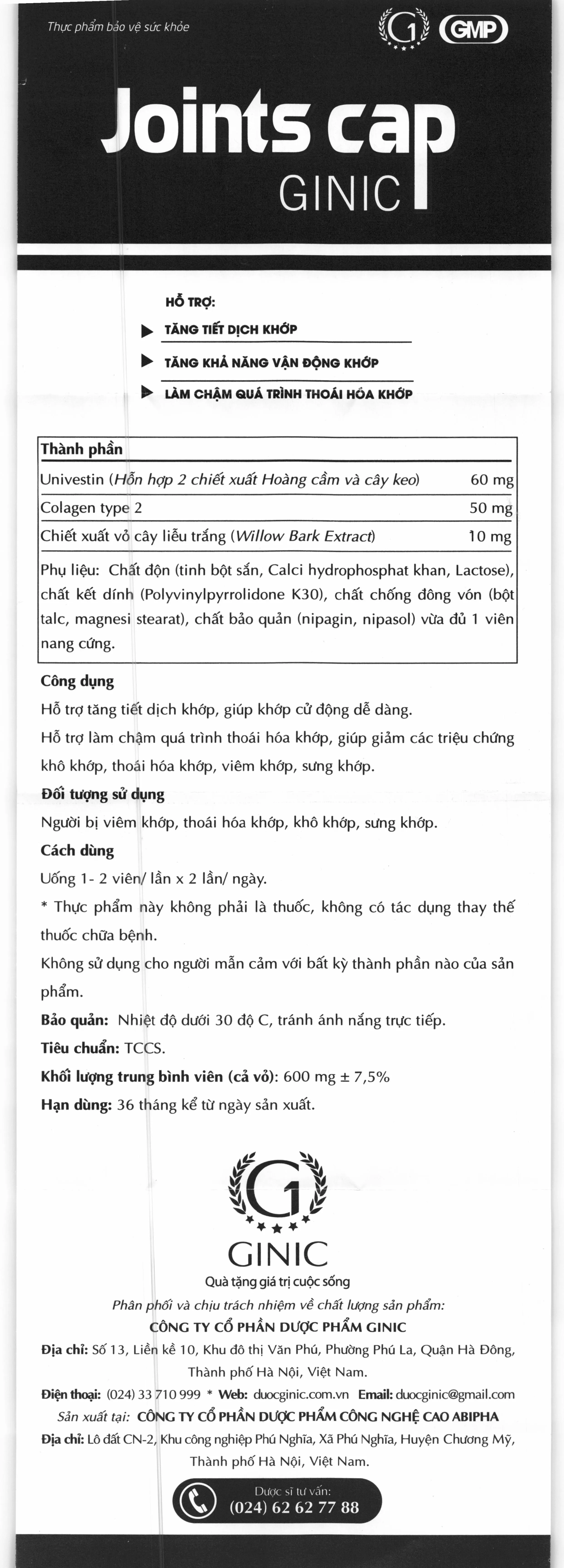 Thực phẩm bảo vệ sức khỏe Joints Cap Ginic 6
