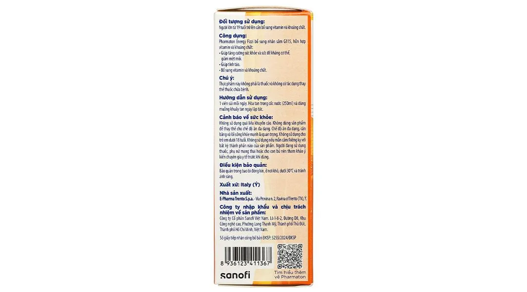 Thực phẩm bảo vệ sức khỏe Pharmaton Energy Fizzi hộp 1 tuýp x 10 viên sủi 5