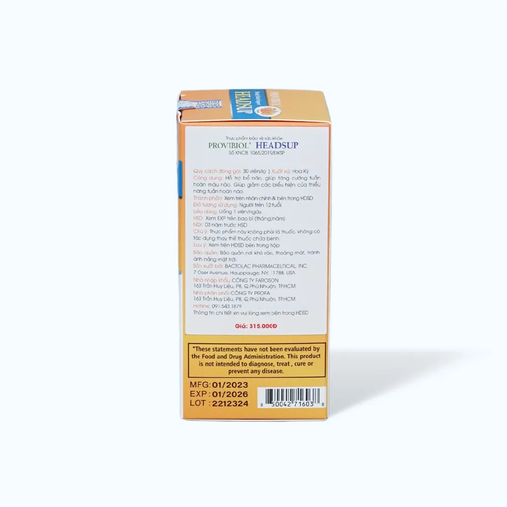 Thực phẩm bảo vệ sức khỏe Provibiol Headsup (Hộp 30 viên) giúp bổ não 5