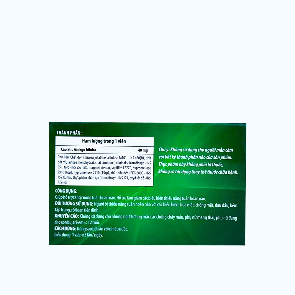 Thực phẩm bảo vệ sức khỏe TAGINBA Hỗ Trợ Tăng Cường Tuần Hoàn Não ( Hộp 2 vỉ x 15 viên) 2