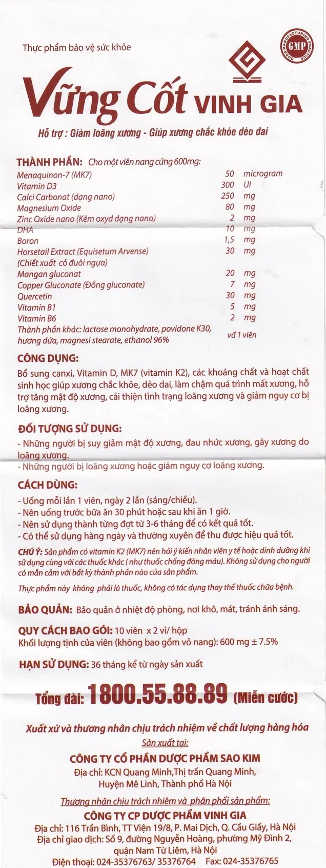 Thực phẩm bảo vệ sức khỏe Vững Cốt Vinh Gia (20 viên) 8