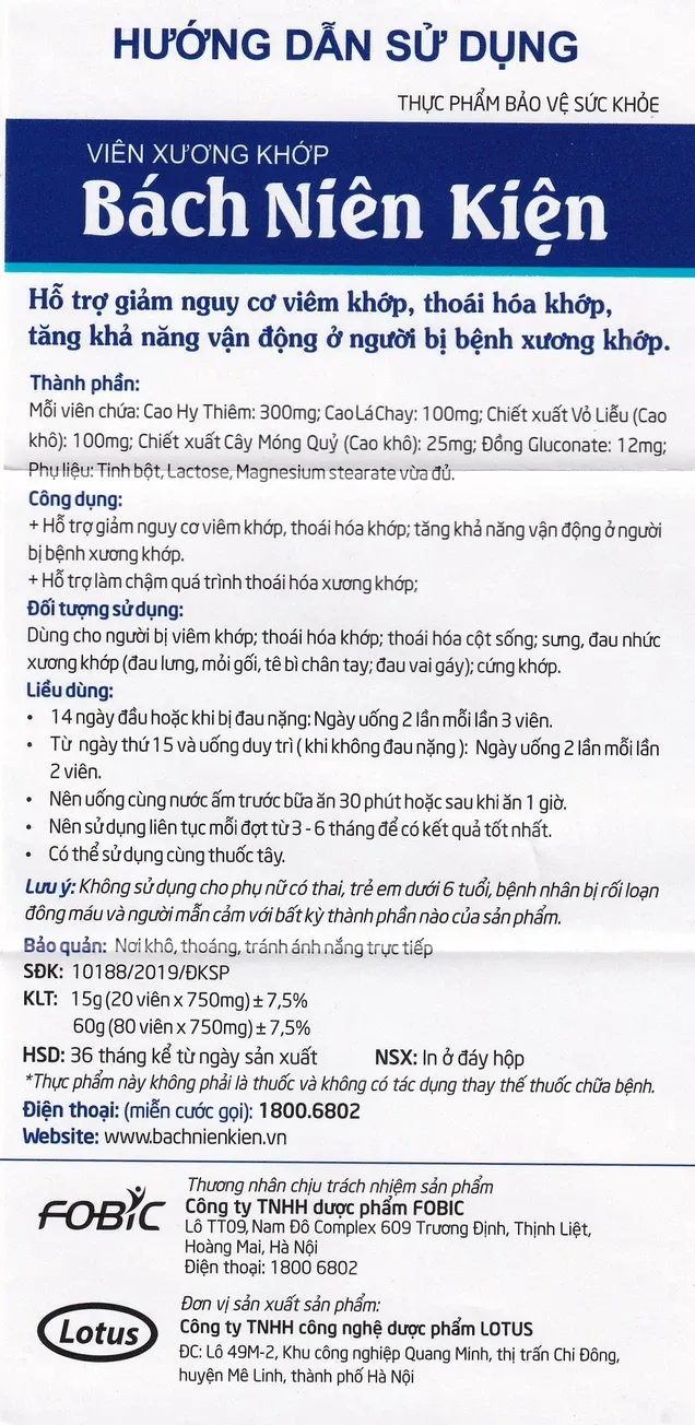 Thực phẩm bảo vệ sức khỏe viên xương khớp Bách Niên Kiện (20 viên) 7