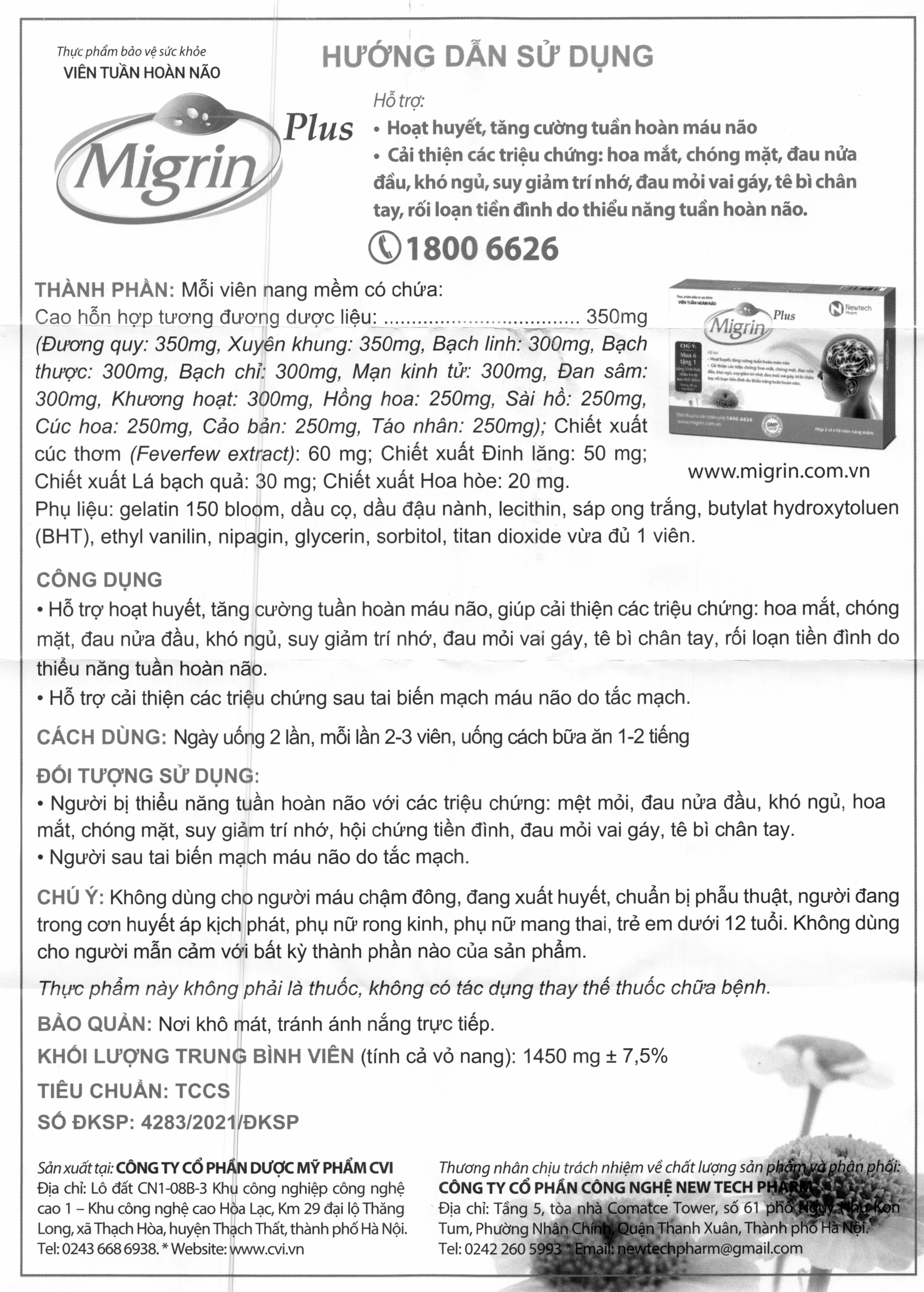 Thực phẩm bảo vệ sức khỏe Viên tuần hoàn não Migrin Plus (20 viên) 6