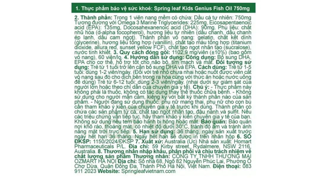 Thực phẩm bảo vệ sức khoẻ: Springleaf Kids Genius Fish Oil 750mg 5