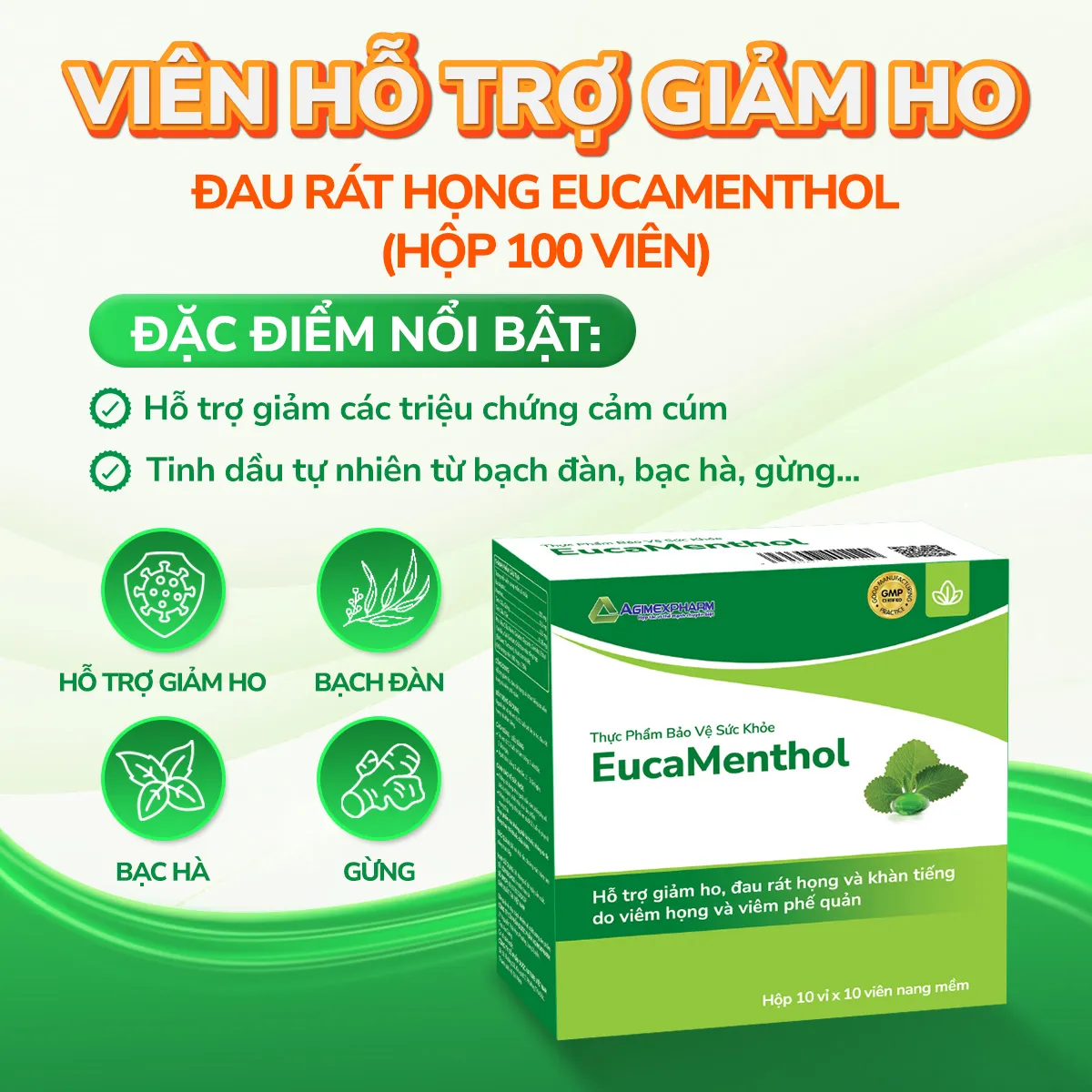 Thực phẩm bảo vệ sức khoẻ Eucamethol hỗ trợ giảm ho, đau rát họng (Hộp 100 viên) 3