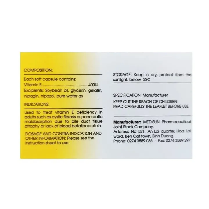 Thuốc Vitamin E 400IU Medisun điều trị và dự phòng tình trạng thiếu Vitamin E (Hộp 3 vĩ x 10 viên) 2
