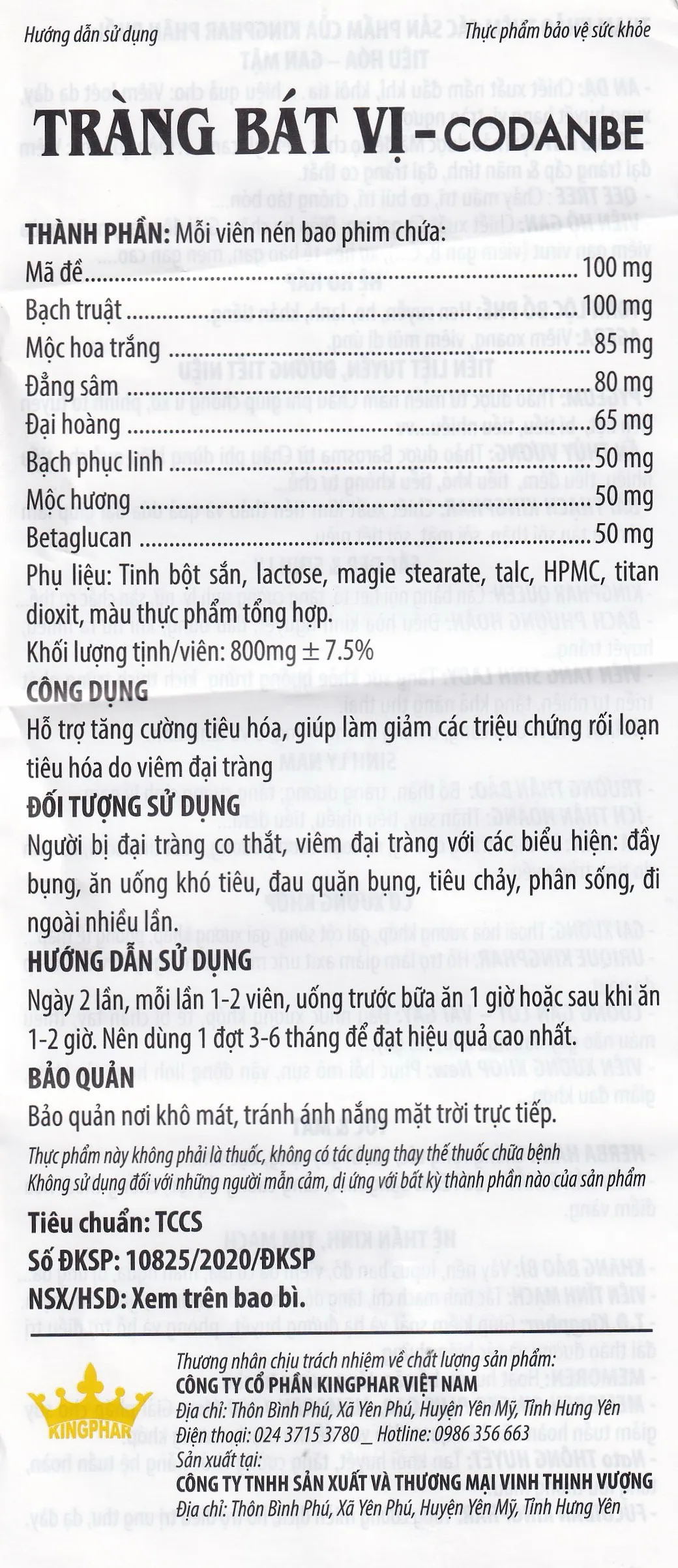 TRÀNG BÁT VỊ CODANBE KINGPHAR 60V 14
