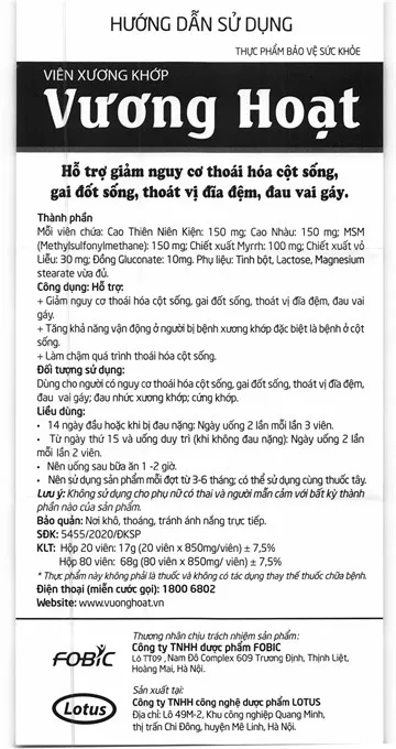 Viên xương khớp Vương Hoạt giảm nguy cơ thoái hóa cột sống, đau vai gáy hộp 20 viên 12