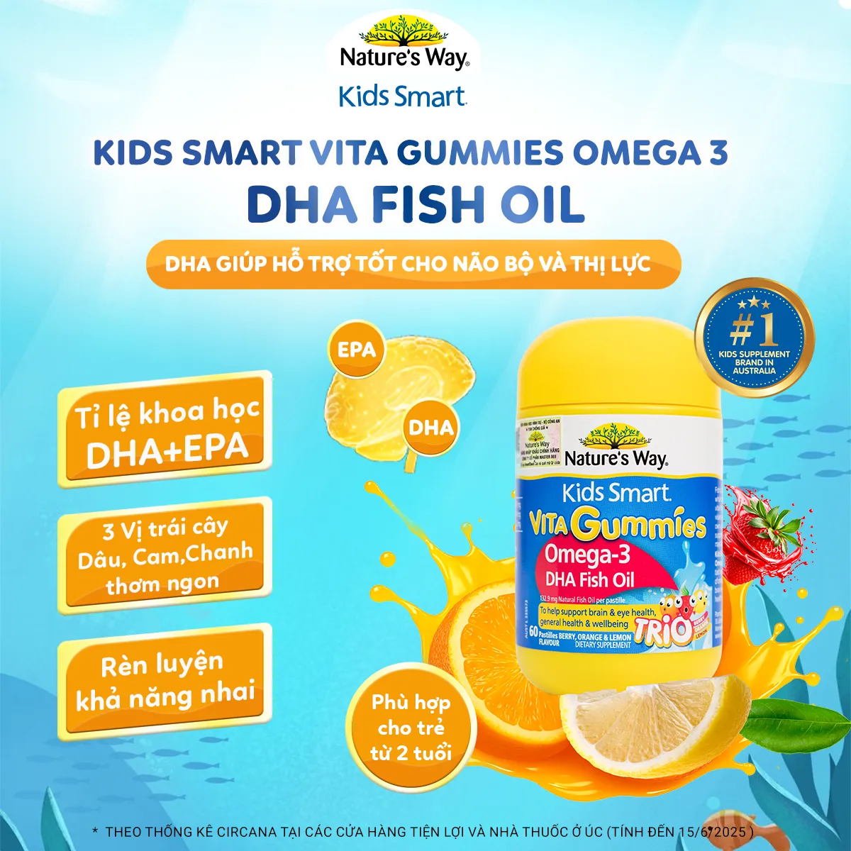 VIÊN NHAI BỔ NÃO KIDS SMART VITA GUMMIES OMEGA-3 DHA FISH OIL NATURE'S WAY 60V 2