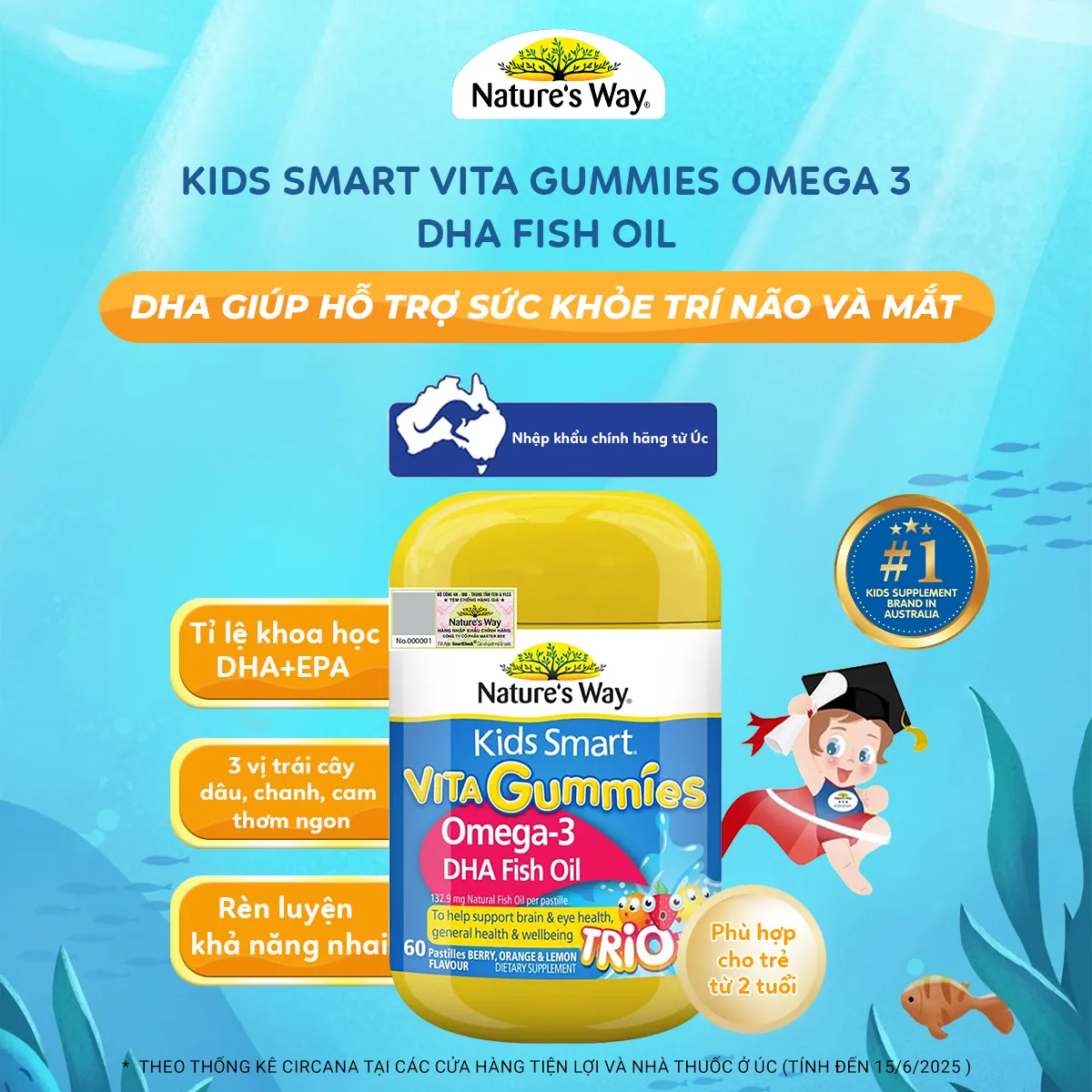 VIÊN NHAI BỔ NÃO KIDS SMART VITA GUMMIES OMEGA-3 DHA FISH OIL NATURE'S WAY 60V 3