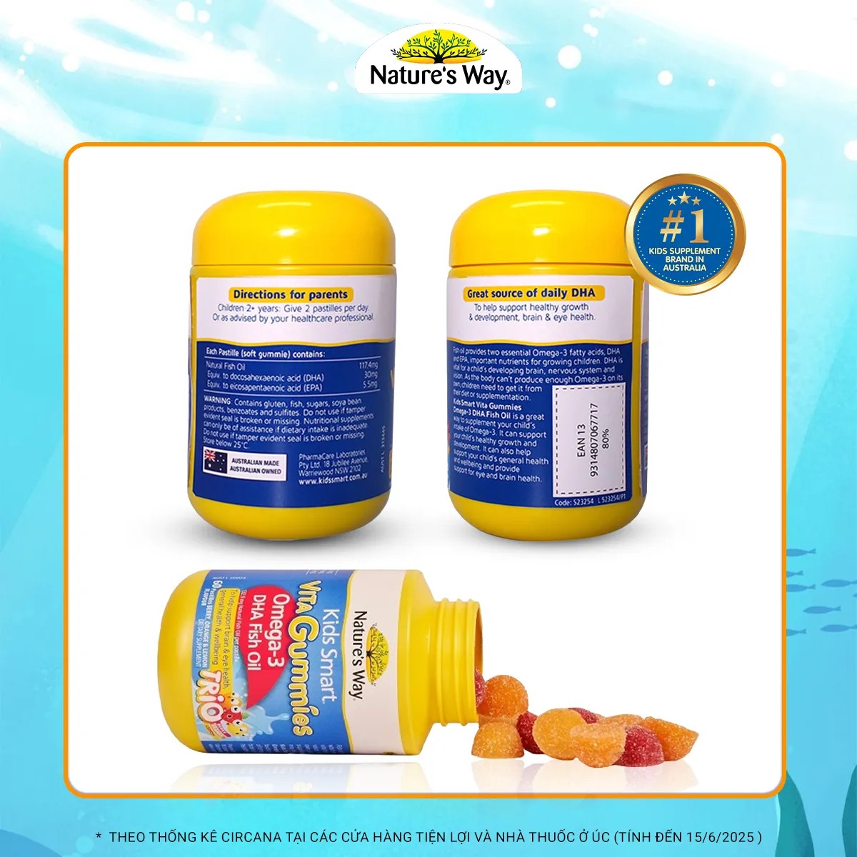 VIÊN NHAI BỔ NÃO KIDS SMART VITA GUMMIES OMEGA-3 DHA FISH OIL NATURE'S WAY 60V 8