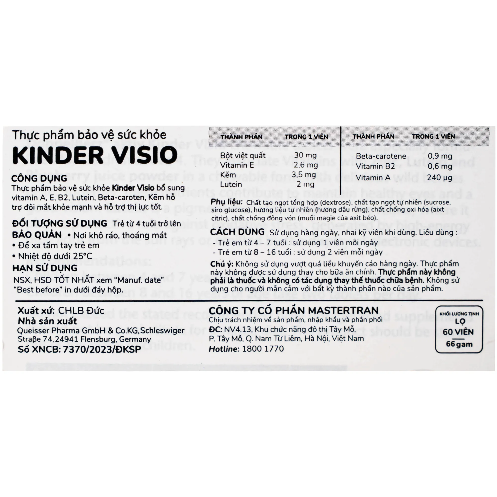 VIÊN NHAI GIÚP MẮT KHỎE MẠNH VÀ TĂNG CƯỜNG THỊ LỰC CHO BÉ DOPPELHERZ AKTIV KINDER VISIO 60V 12
