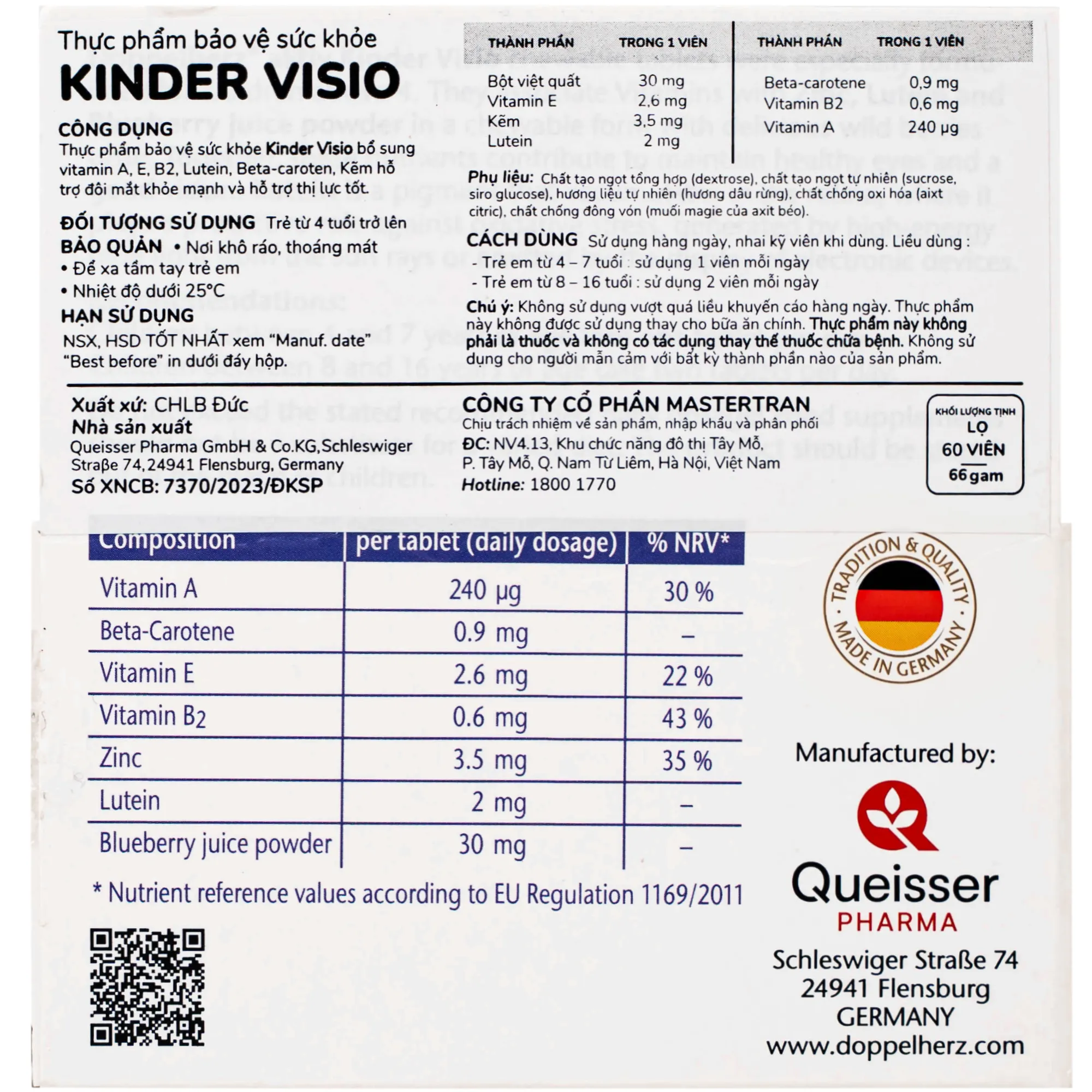 VIÊN NHAI GIÚP MẮT KHỎE MẠNH VÀ TĂNG CƯỜNG THỊ LỰC CHO BÉ DOPPELHERZ AKTIV KINDER VISIO 60V 8