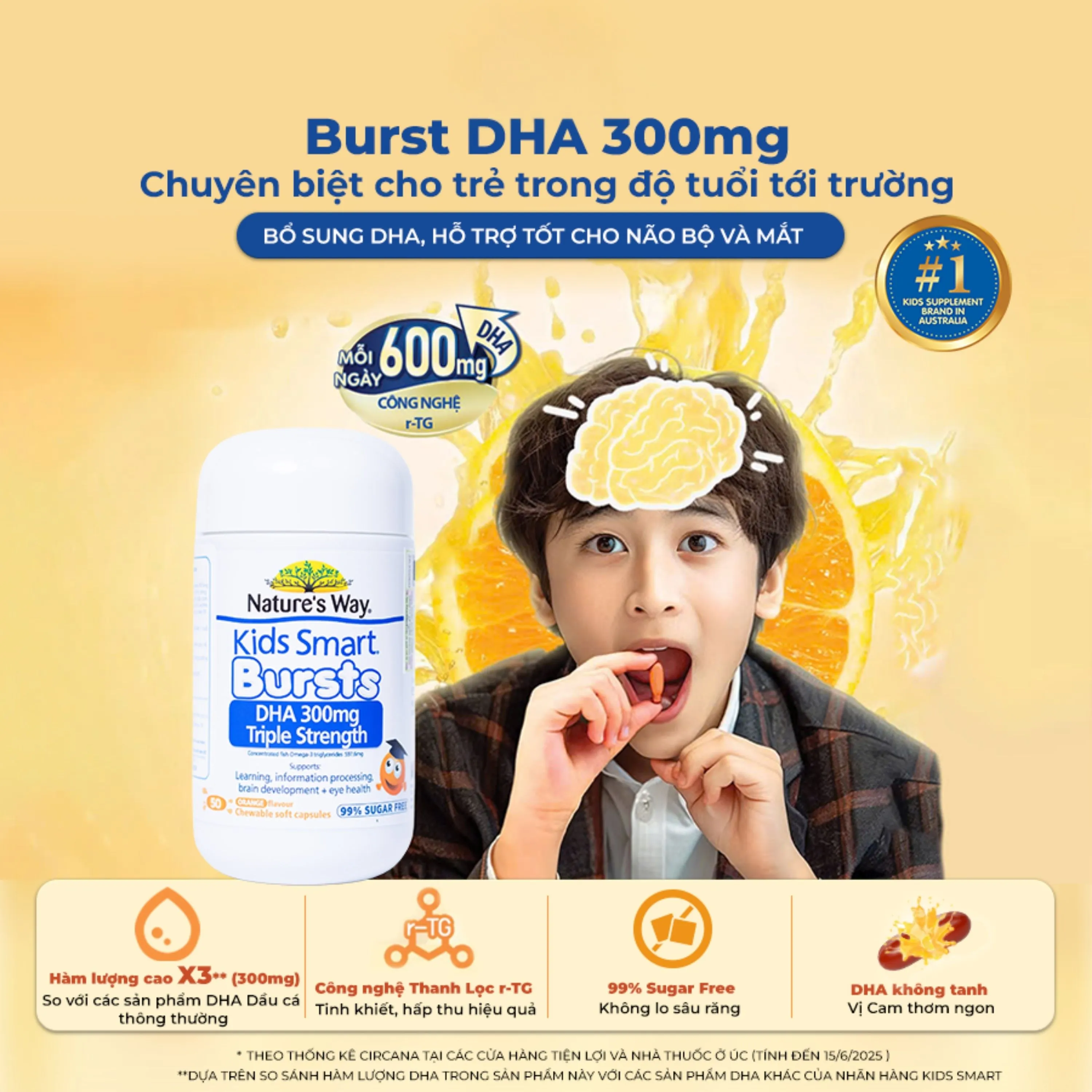 VIÊN NHAI HỖ TRỢ BỔ NÃO KIDS SMART BURSTS DHA 300MG NATURE'S WAY 50V 2