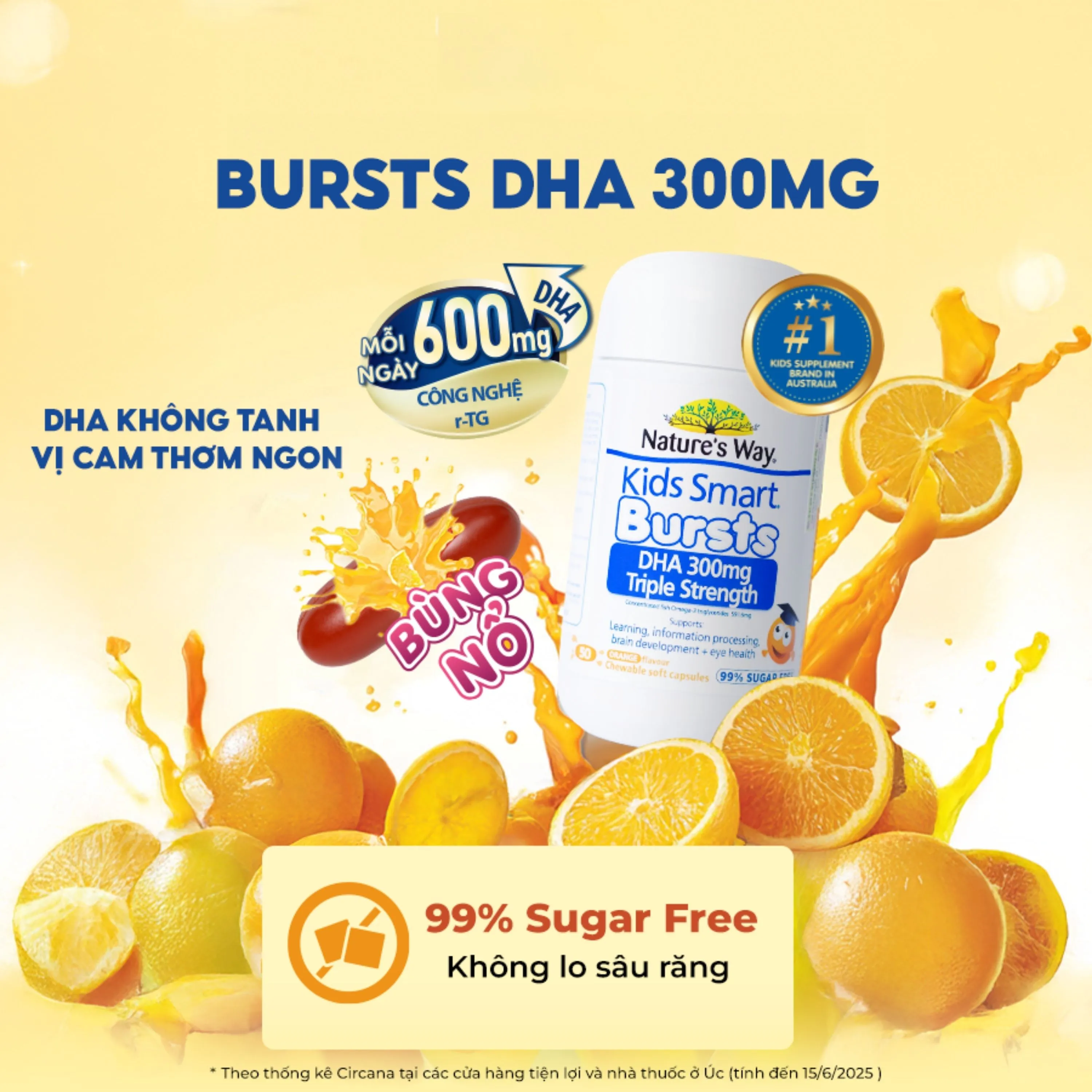 VIÊN NHAI HỖ TRỢ BỔ NÃO KIDS SMART BURSTS DHA 300MG NATURE'S WAY 50V 3