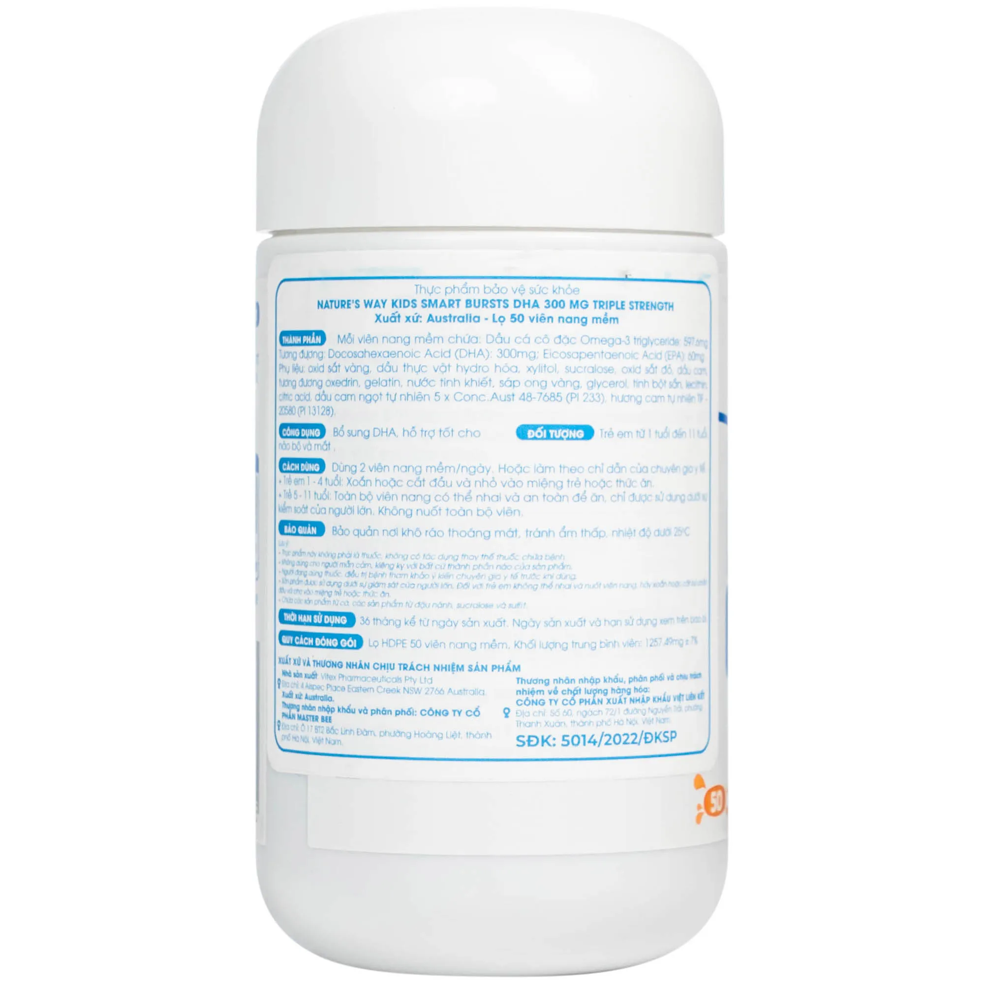 VIÊN NHAI HỖ TRỢ BỔ NÃO KIDS SMART BURSTS DHA 300MG NATURE'S WAY 50V 15
