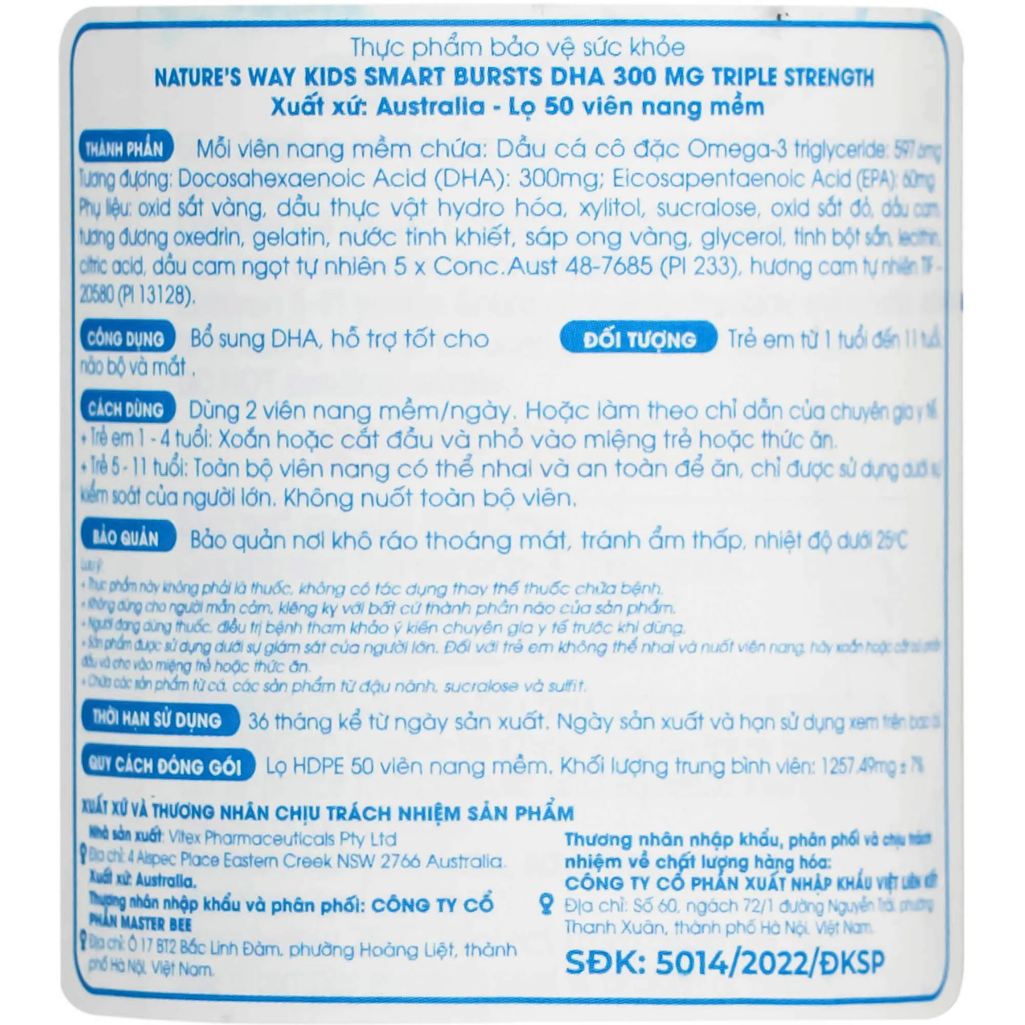 VIÊN NHAI HỖ TRỢ BỔ NÃO KIDS SMART BURSTS DHA 300MG NATURE'S WAY 50V 18