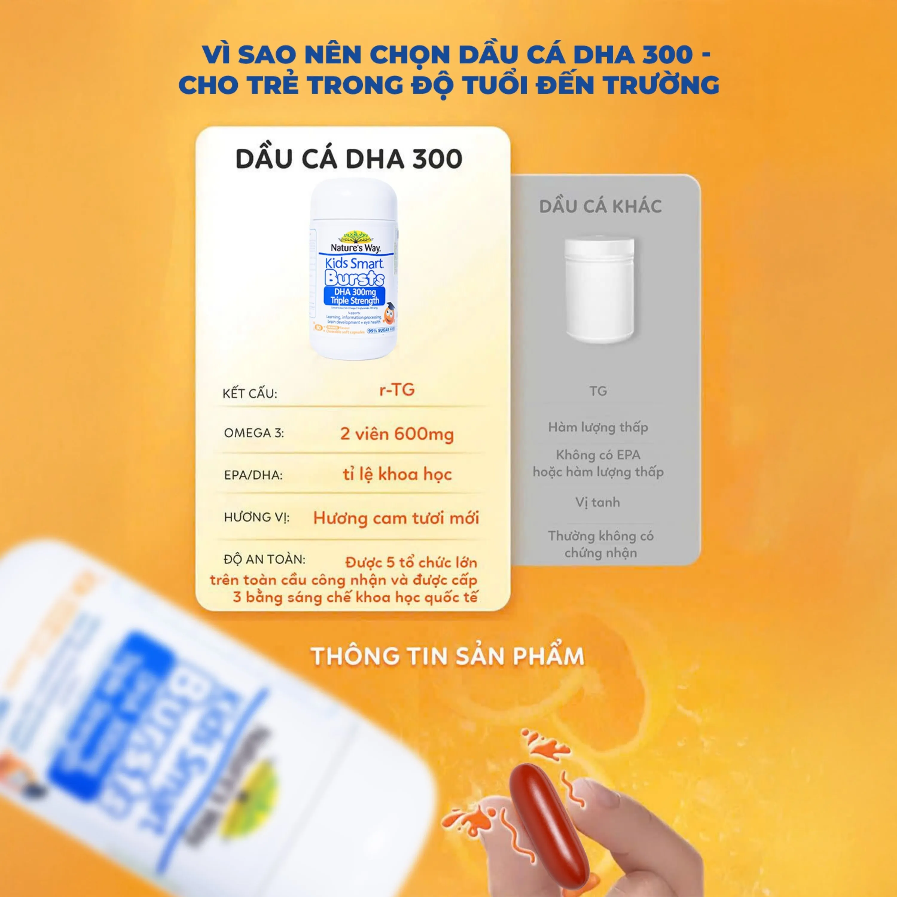 VIÊN NHAI HỖ TRỢ BỔ NÃO KIDS SMART BURSTS DHA 300MG NATURE'S WAY 50V 10