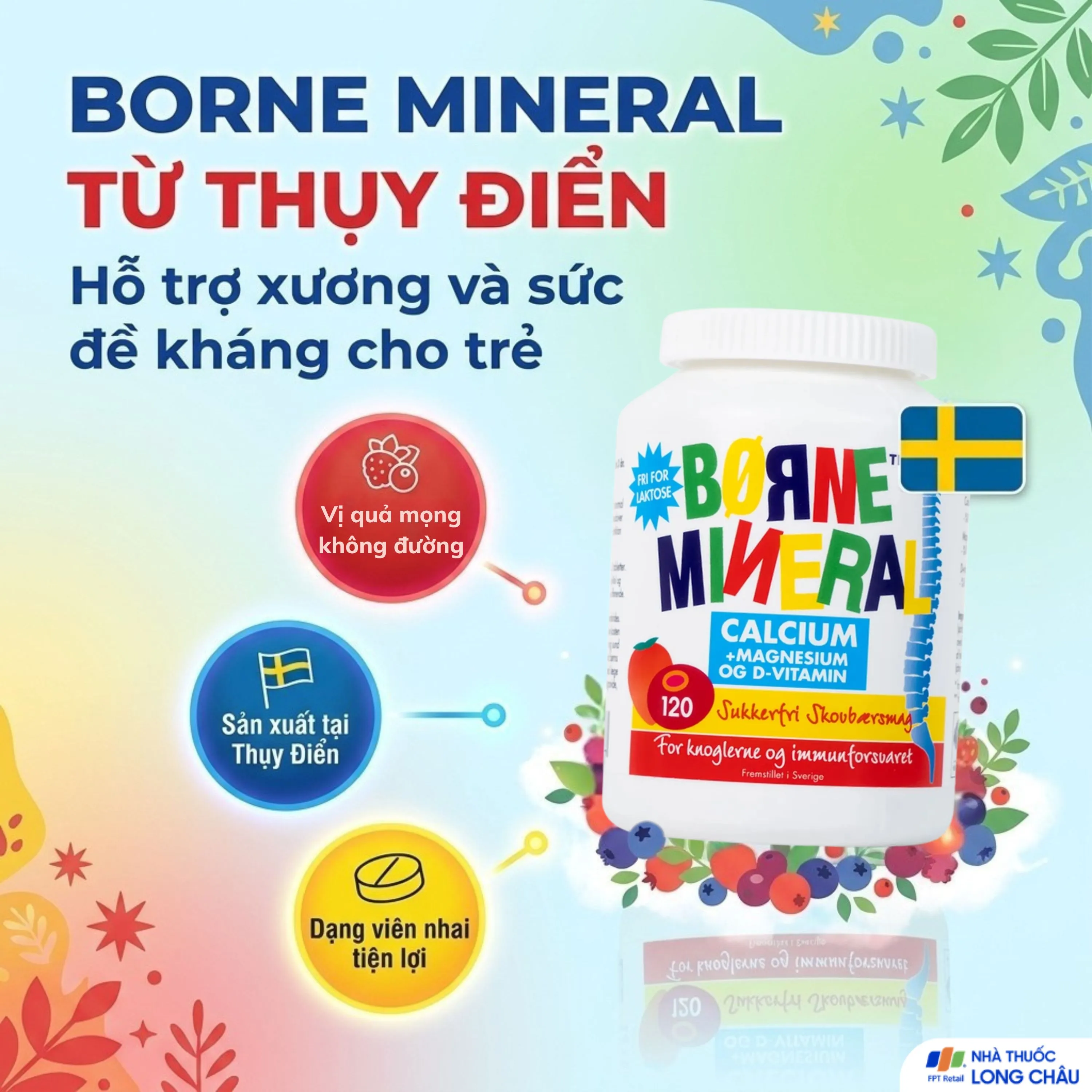 VIÊN NHAI HỖ TRỢ SỰ PHÁT TRIỂN XƯƠNG CHO TRẺ EM BORNE MINERAL NEW NORDIC 120V 2