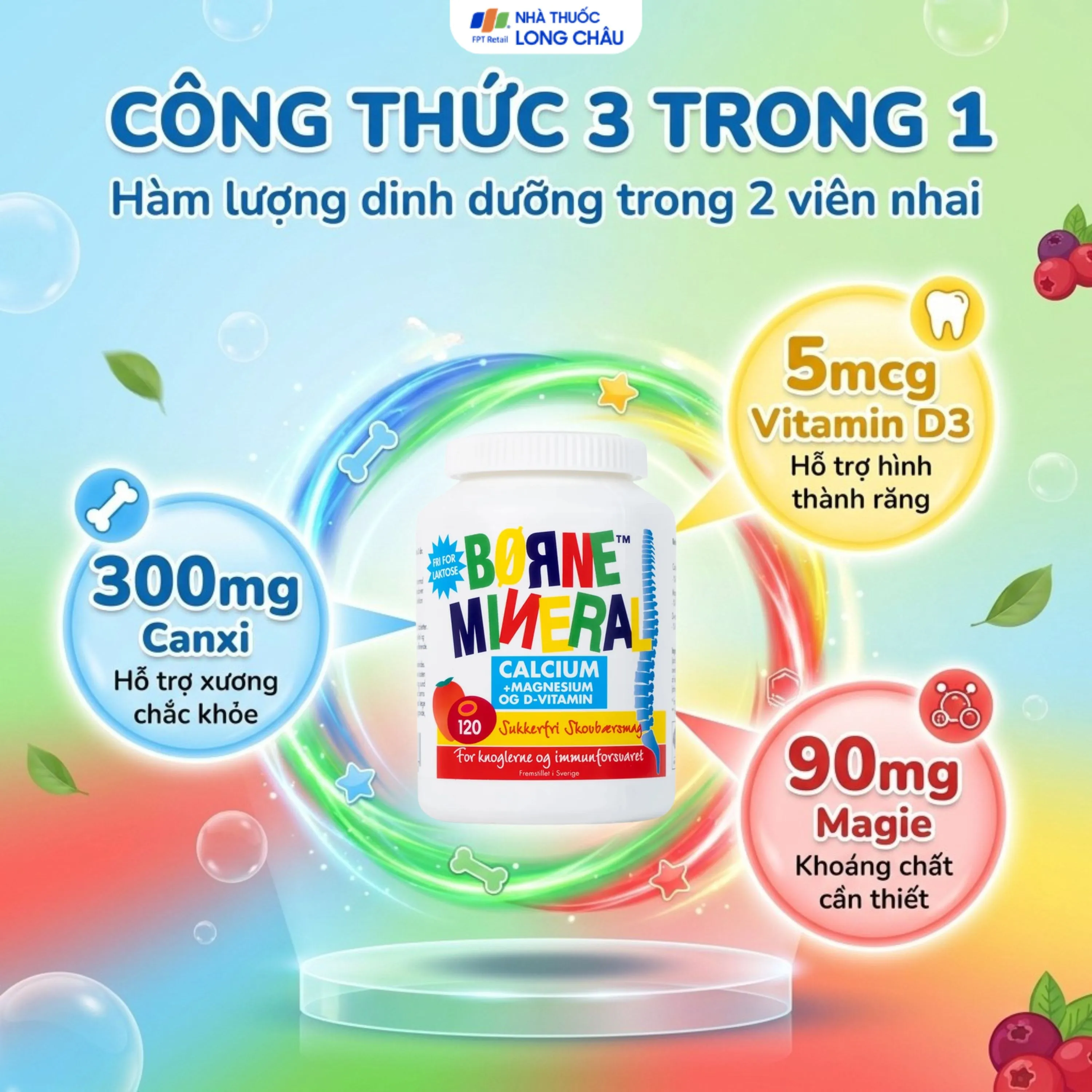 VIÊN NHAI HỖ TRỢ SỰ PHÁT TRIỂN XƯƠNG CHO TRẺ EM BORNE MINERAL NEW NORDIC 120V 3
