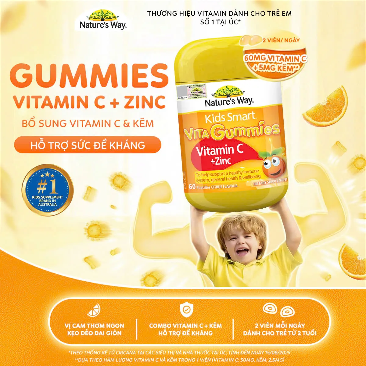 VIÊN NHAI HỖ TRỢ SỨC ĐỀ KHÁNG KIDS SMART VITA GUMMIES VITAMIN C + ZINC NATURE'S WAY 60V 2