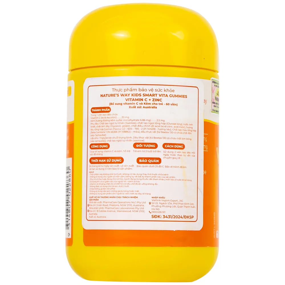 VIÊN NHAI HỖ TRỢ SỨC ĐỀ KHÁNG KIDS SMART VITA GUMMIES VITAMIN C + ZINC NATURE'S WAY 60V 14