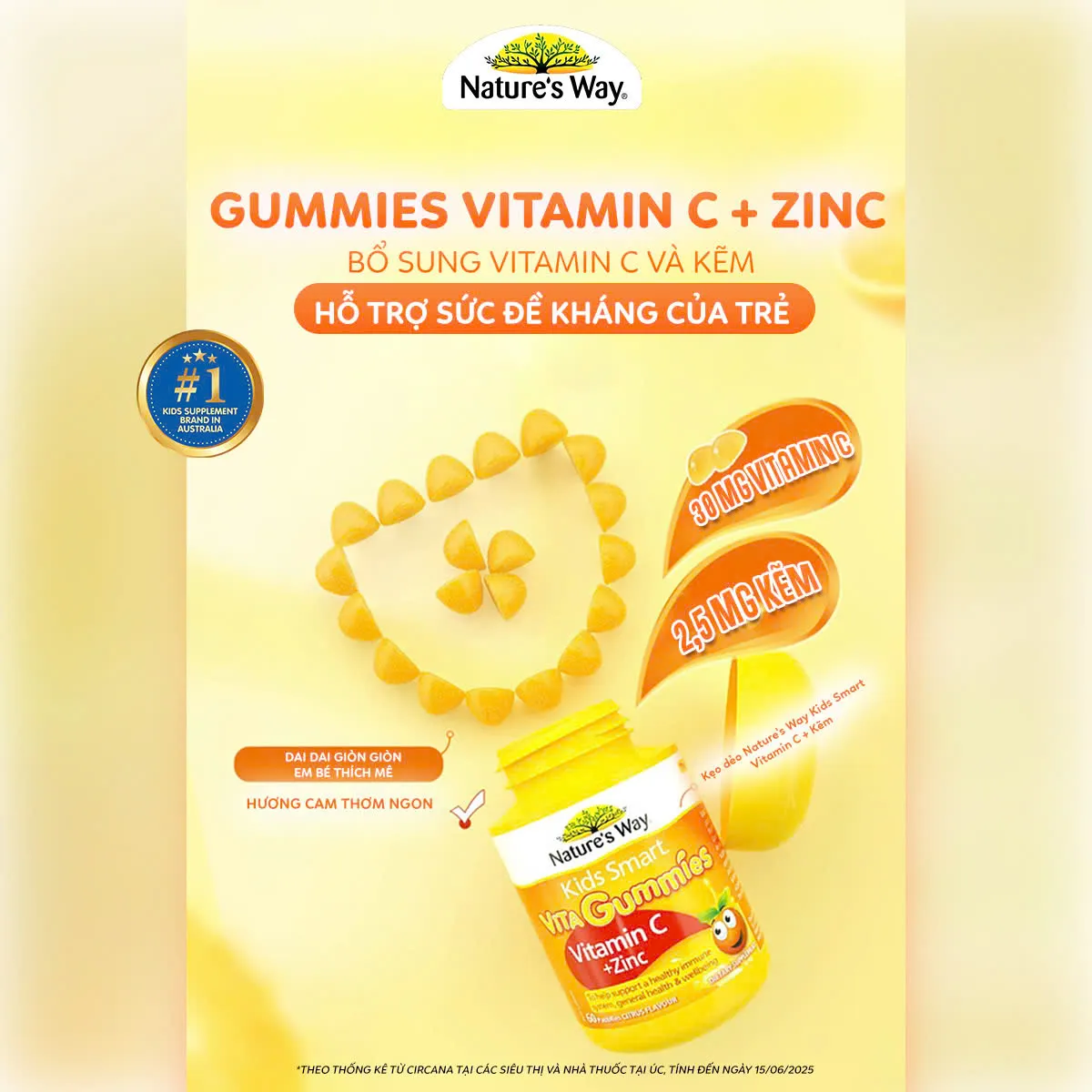 VIÊN NHAI HỖ TRỢ SỨC ĐỀ KHÁNG KIDS SMART VITA GUMMIES VITAMIN C + ZINC NATURE'S WAY 60V 5