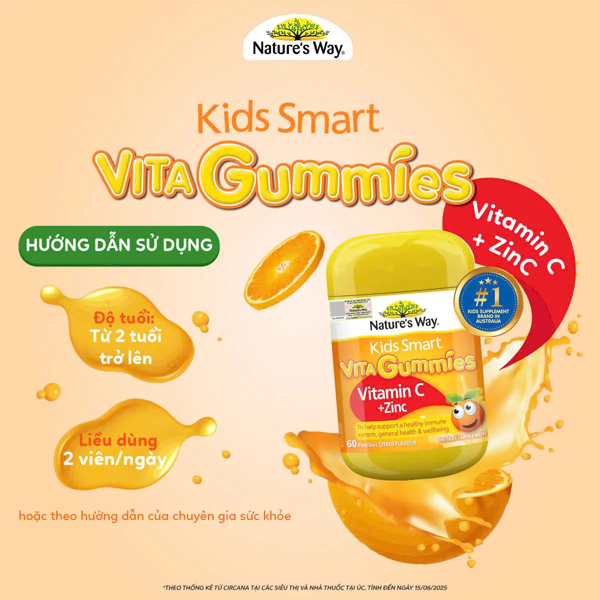 VIÊN NHAI HỖ TRỢ SỨC ĐỀ KHÁNG KIDS SMART VITA GUMMIES VITAMIN C + ZINC NATURE'S WAY 60V 6