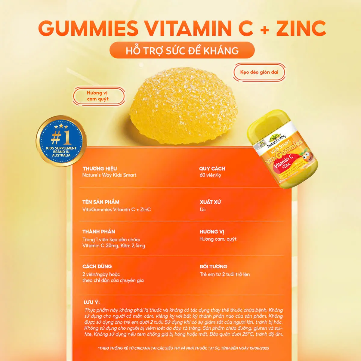 VIÊN NHAI HỖ TRỢ SỨC ĐỀ KHÁNG KIDS SMART VITA GUMMIES VITAMIN C + ZINC NATURE'S WAY 60V 7