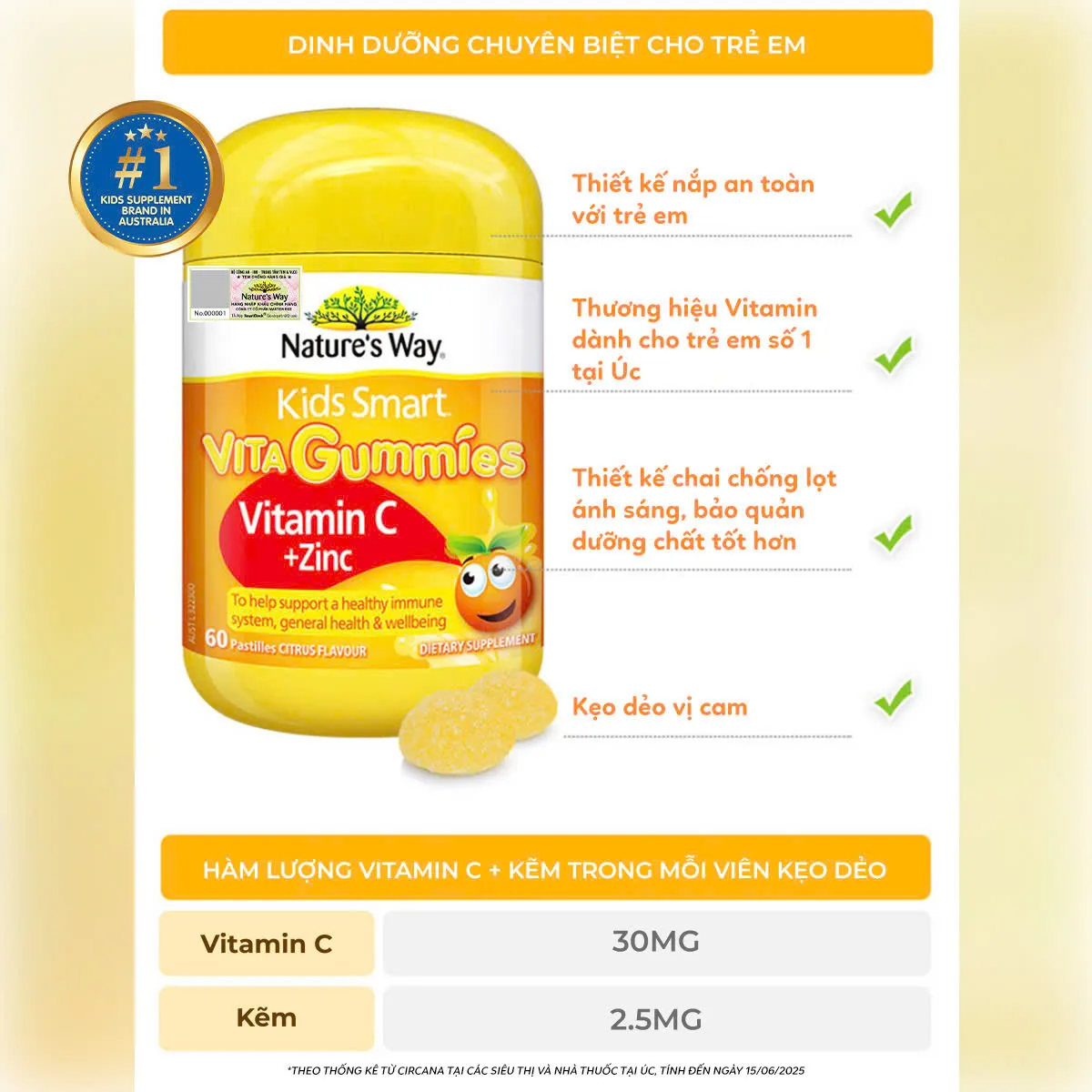 VIÊN NHAI HỖ TRỢ SỨC ĐỀ KHÁNG KIDS SMART VITA GUMMIES VITAMIN C + ZINC NATURE'S WAY 60V 10