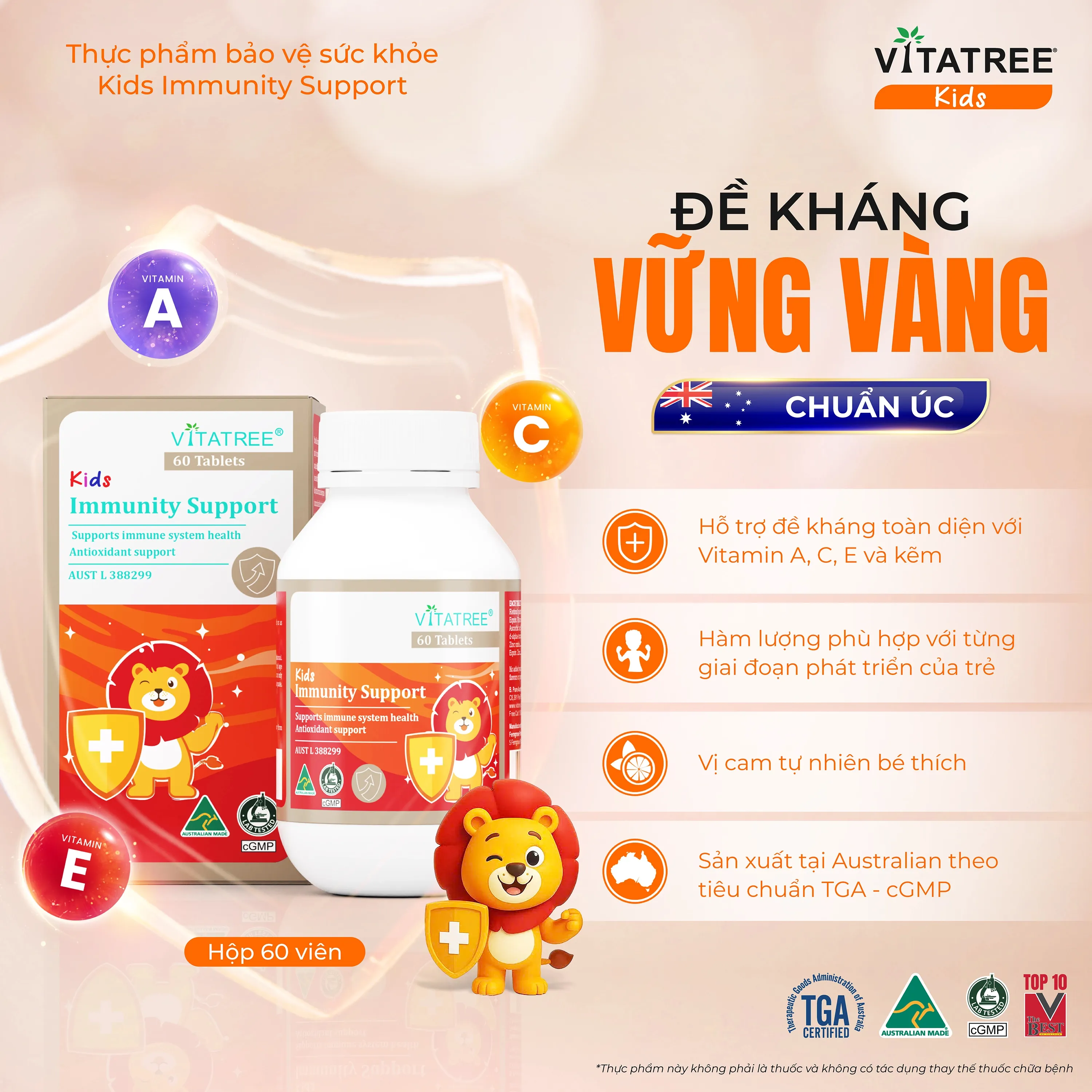 VIÊN NHAI HỖ TRỢ TĂNG CƯỜNG SỨC ĐỀ KHÁNG CHO TRẺ VITATREE KIDS IMMUNITY SUPPORT 60V 2