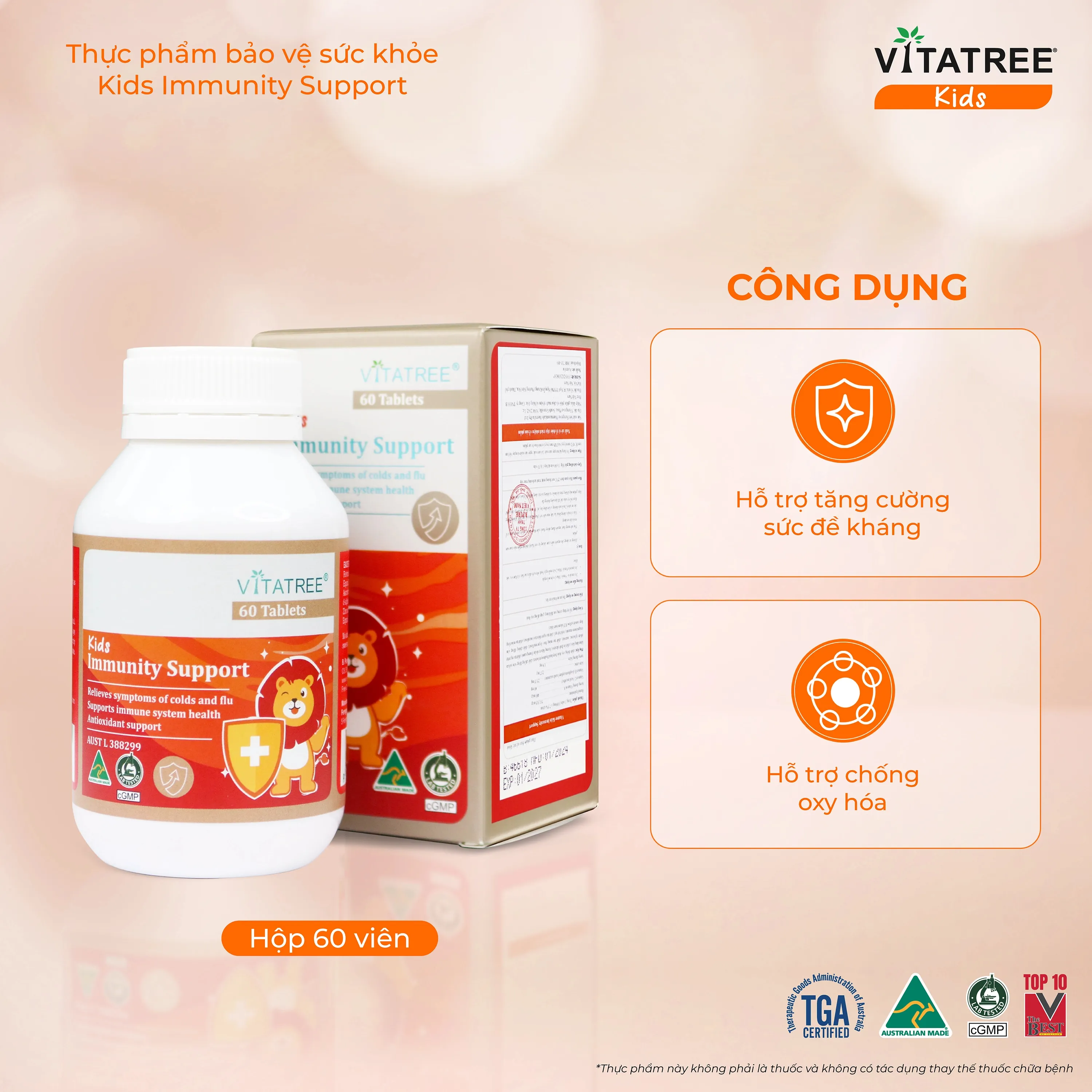 VIÊN NHAI HỖ TRỢ TĂNG CƯỜNG SỨC ĐỀ KHÁNG CHO TRẺ VITATREE KIDS IMMUNITY SUPPORT 60V 3