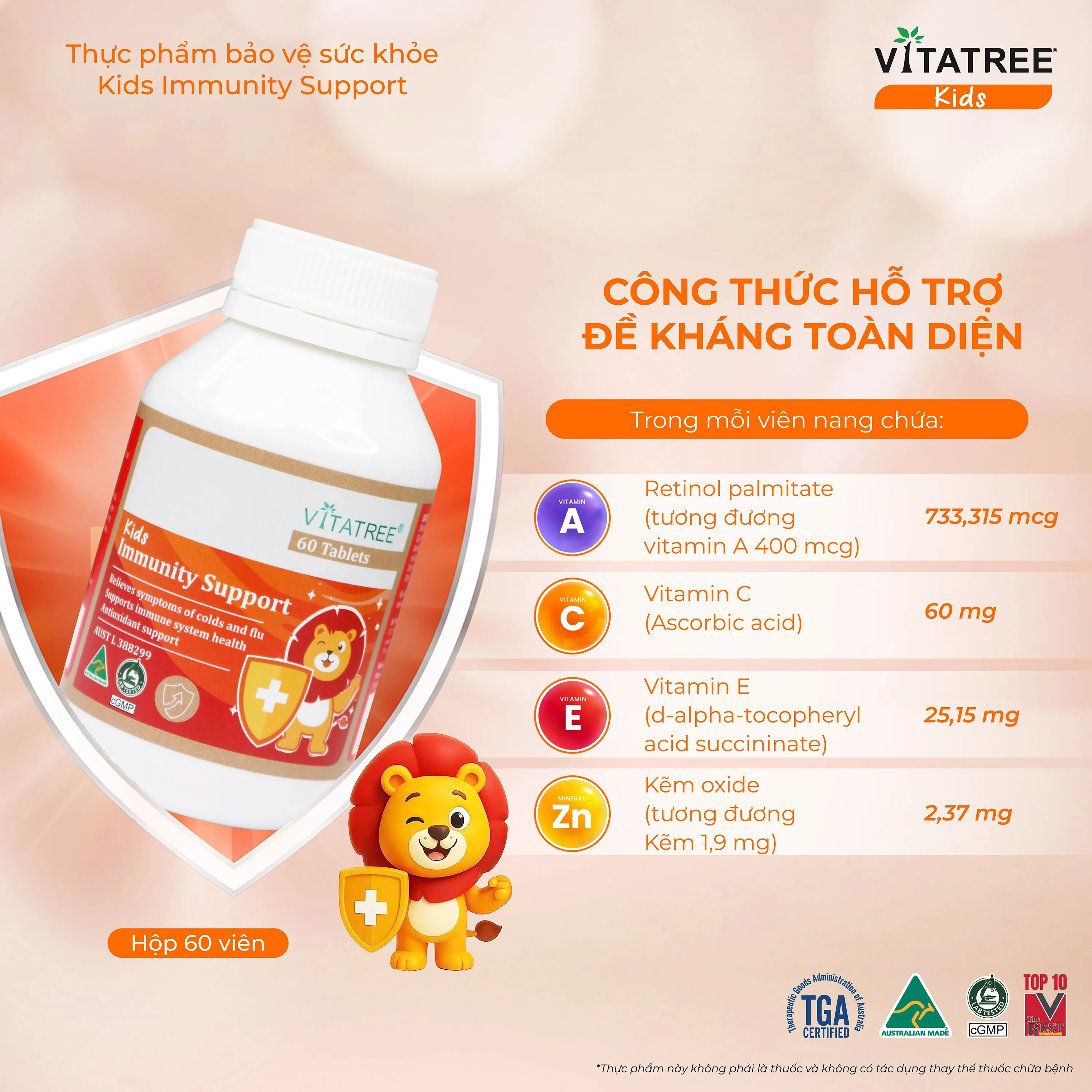 VIÊN NHAI HỖ TRỢ TĂNG CƯỜNG SỨC ĐỀ KHÁNG CHO TRẺ VITATREE KIDS IMMUNITY SUPPORT 60V 4