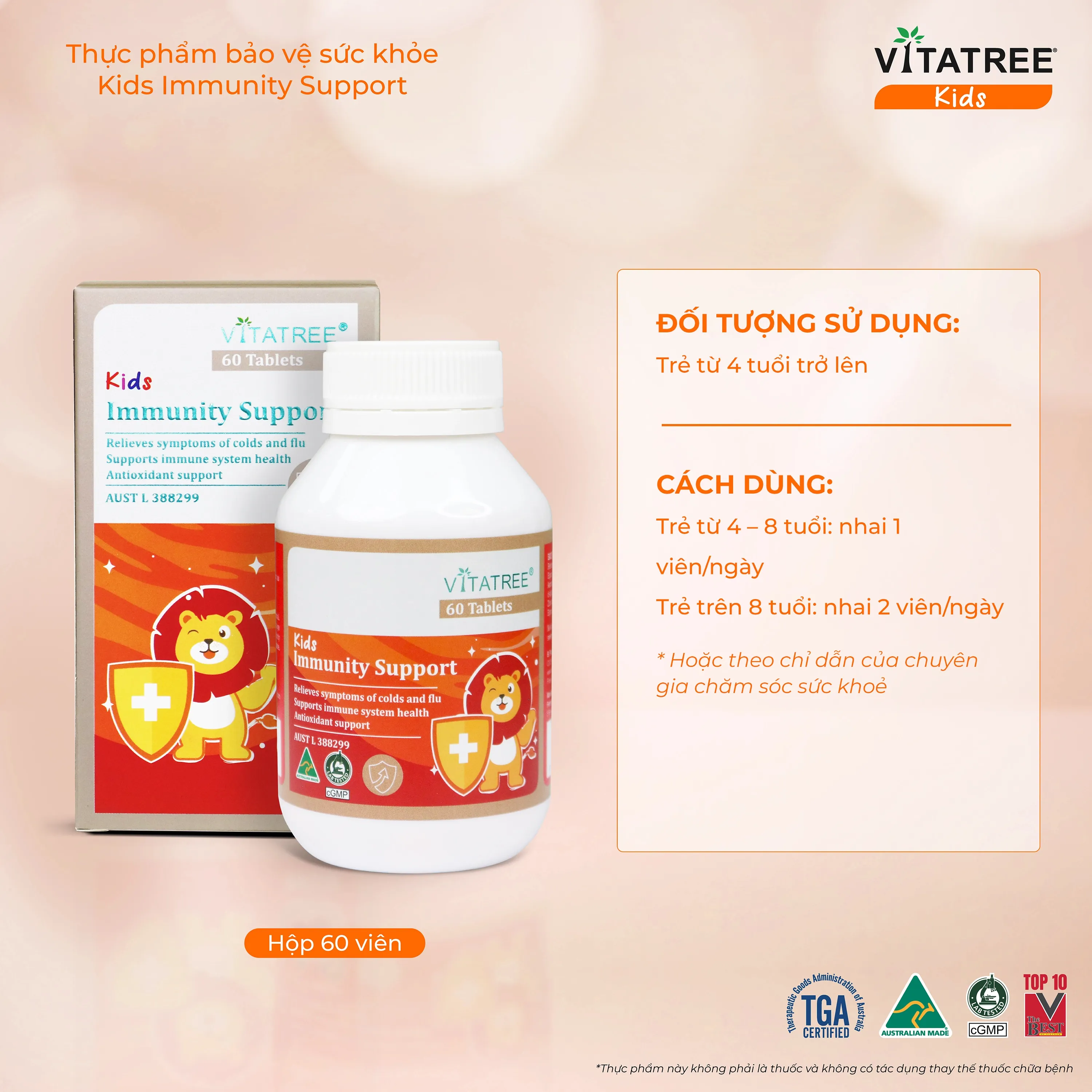 VIÊN NHAI HỖ TRỢ TĂNG CƯỜNG SỨC ĐỀ KHÁNG CHO TRẺ VITATREE KIDS IMMUNITY SUPPORT 60V 5