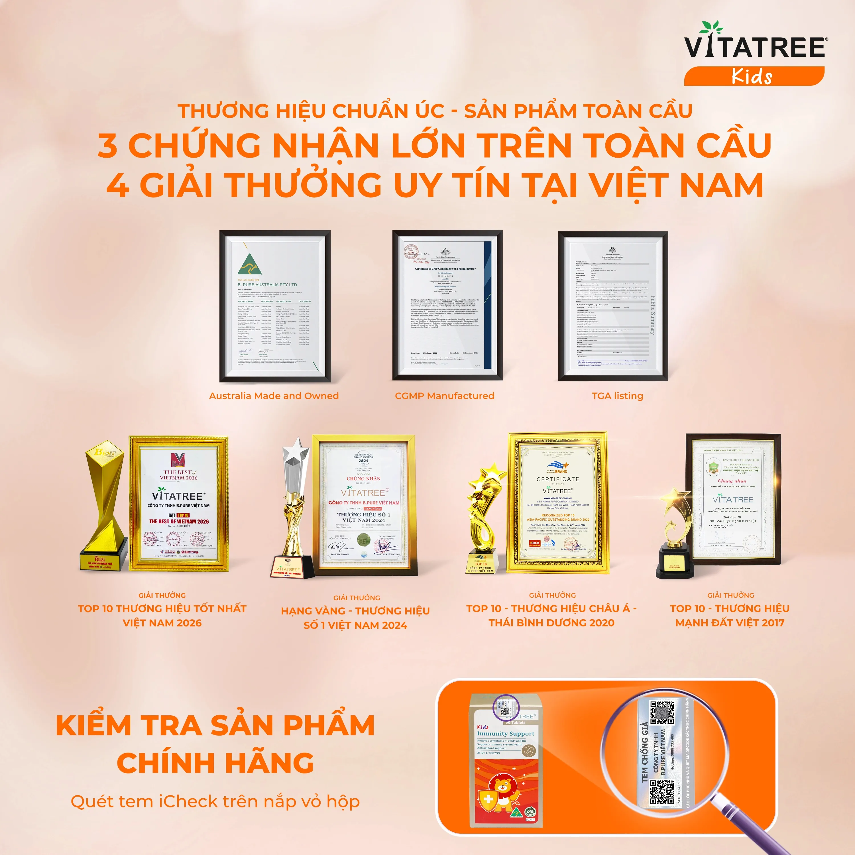 VIÊN NHAI HỖ TRỢ TĂNG CƯỜNG SỨC ĐỀ KHÁNG CHO TRẺ VITATREE KIDS IMMUNITY SUPPORT 60V 6