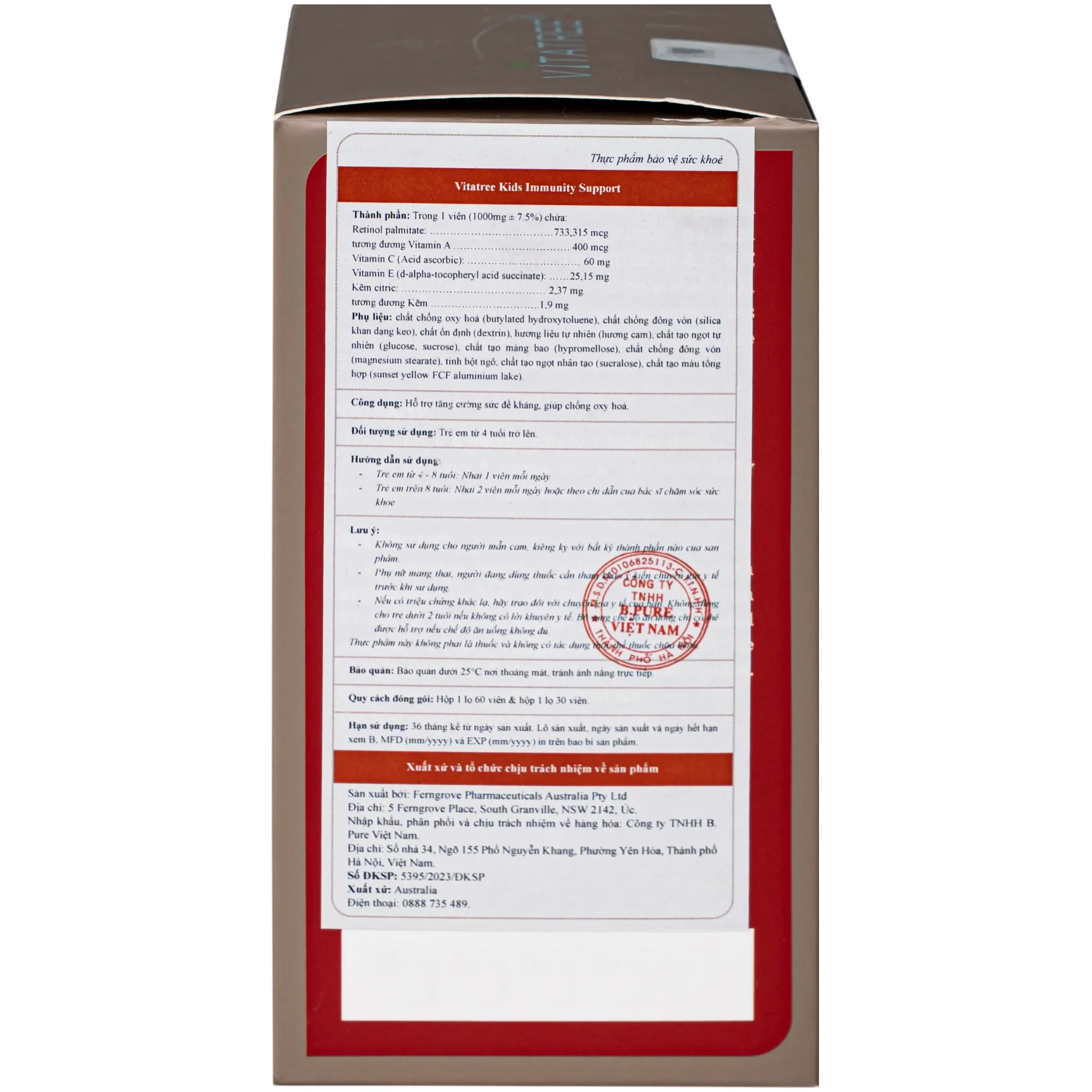 VIÊN NHAI HỖ TRỢ TĂNG CƯỜNG SỨC ĐỀ KHÁNG CHO TRẺ VITATREE KIDS IMMUNITY SUPPORT 60V 9