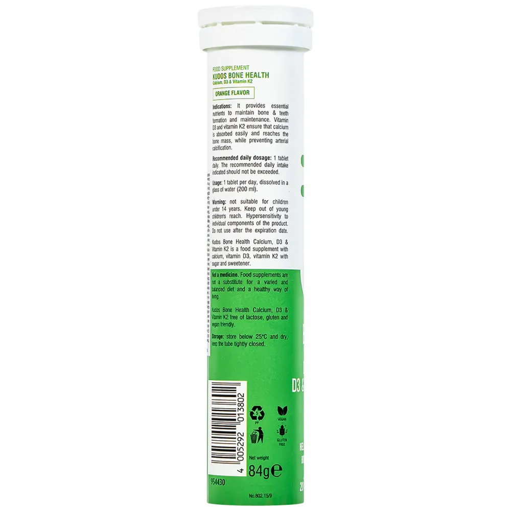 VIÊN SỦI KUDOS BONE HEALTH CALCIUM, D3 & VITAMIN K2 HƯƠNG CAM 20V 3