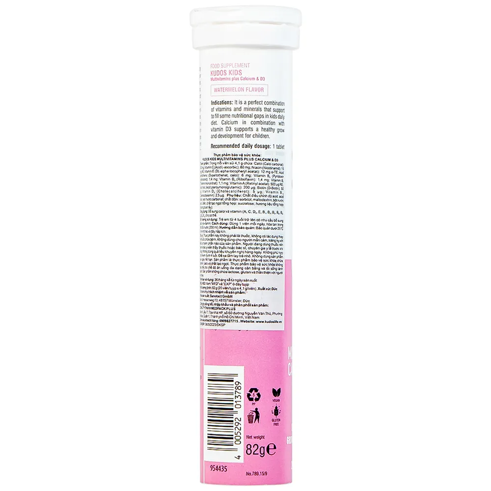 VIÊN SỦI KUDOS KIDS MULTIVITAMINS PLUS CALCIUM & D3 HƯƠNG DƯA HẤU 20V 4