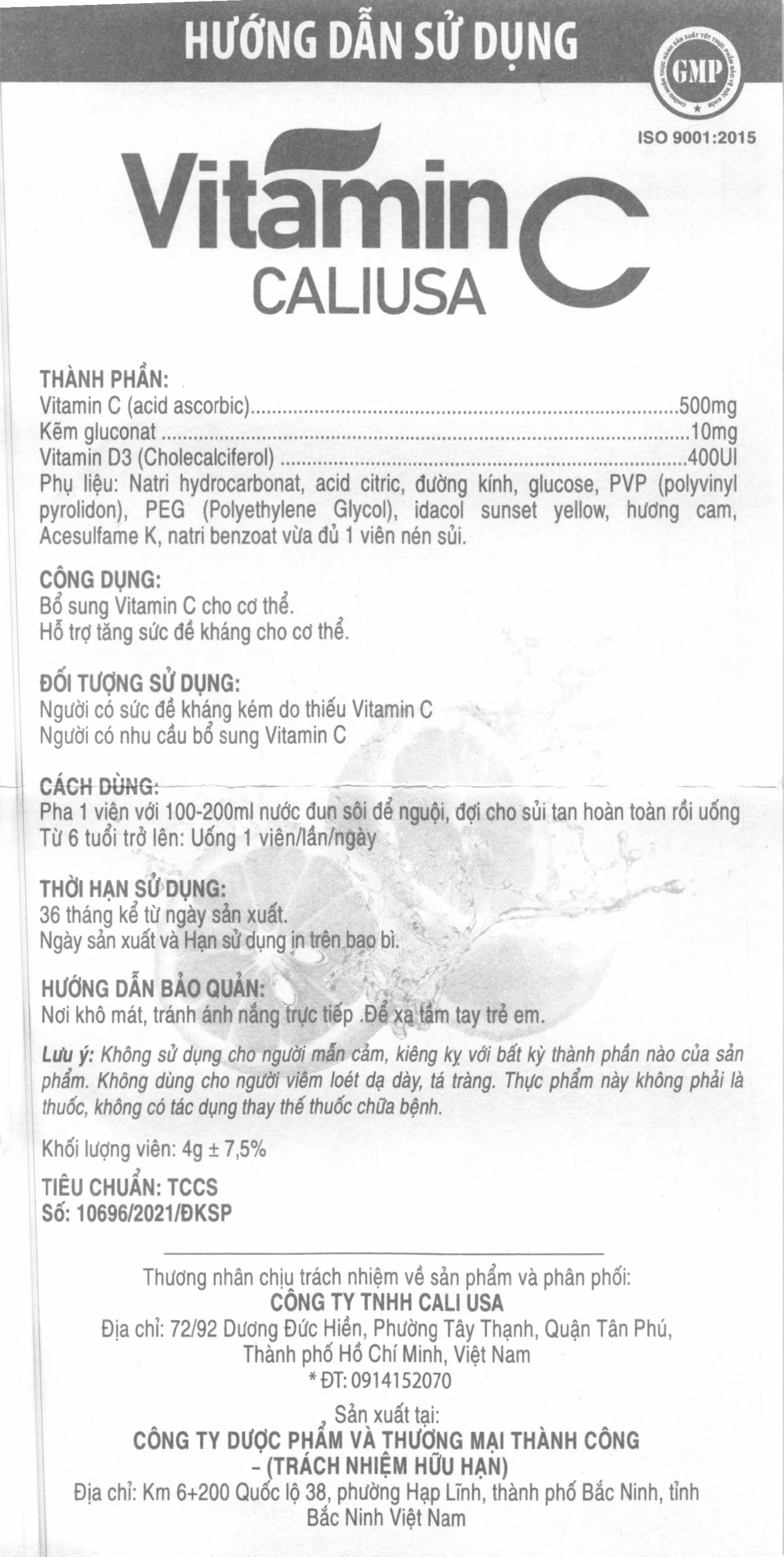 Viên Sủi Vitamin C Caliusa hộp 10 viên 7