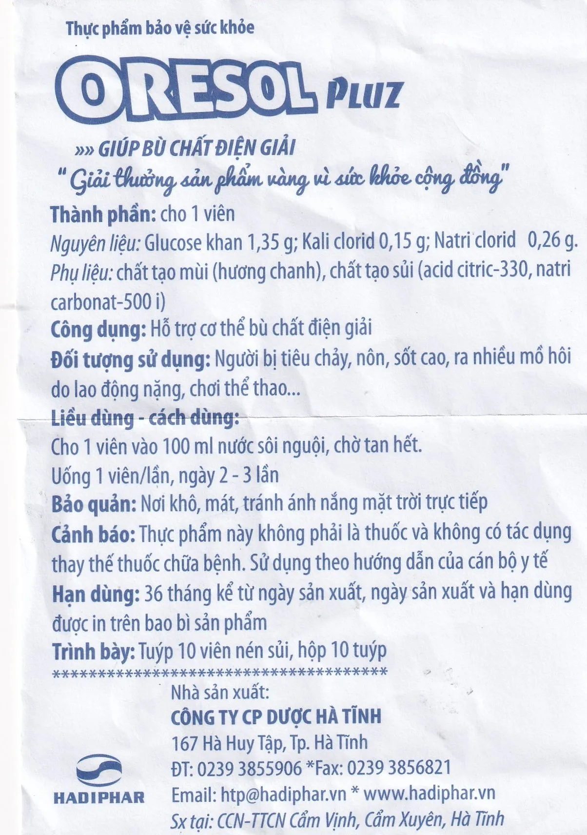VIÊN SỦI GIÚP BÙ CHẤT ĐIỆN GIẢI ORESOL PLUZ HADIPHAR 10V 13