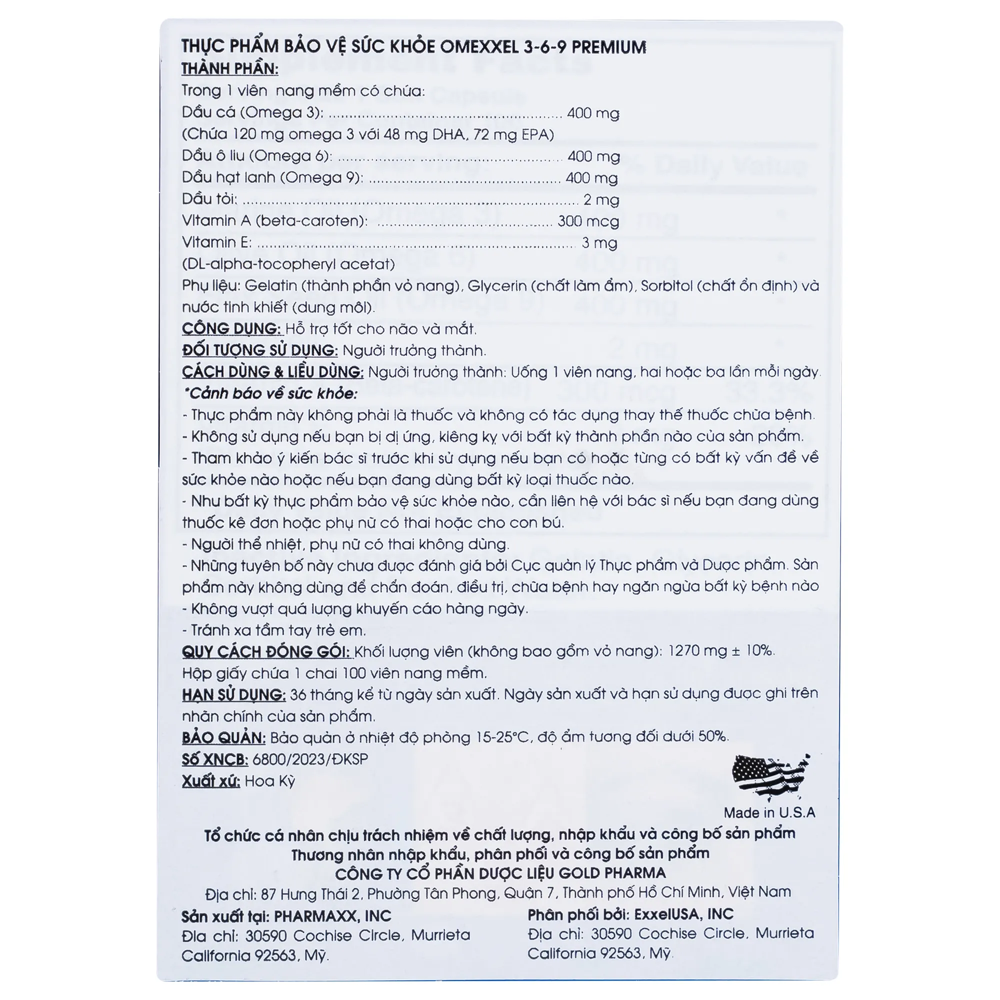 VIÊN UỐNG BỔ SUNG OMEGA 3-6-9 PREMIUM OMEXXEL 100V 5