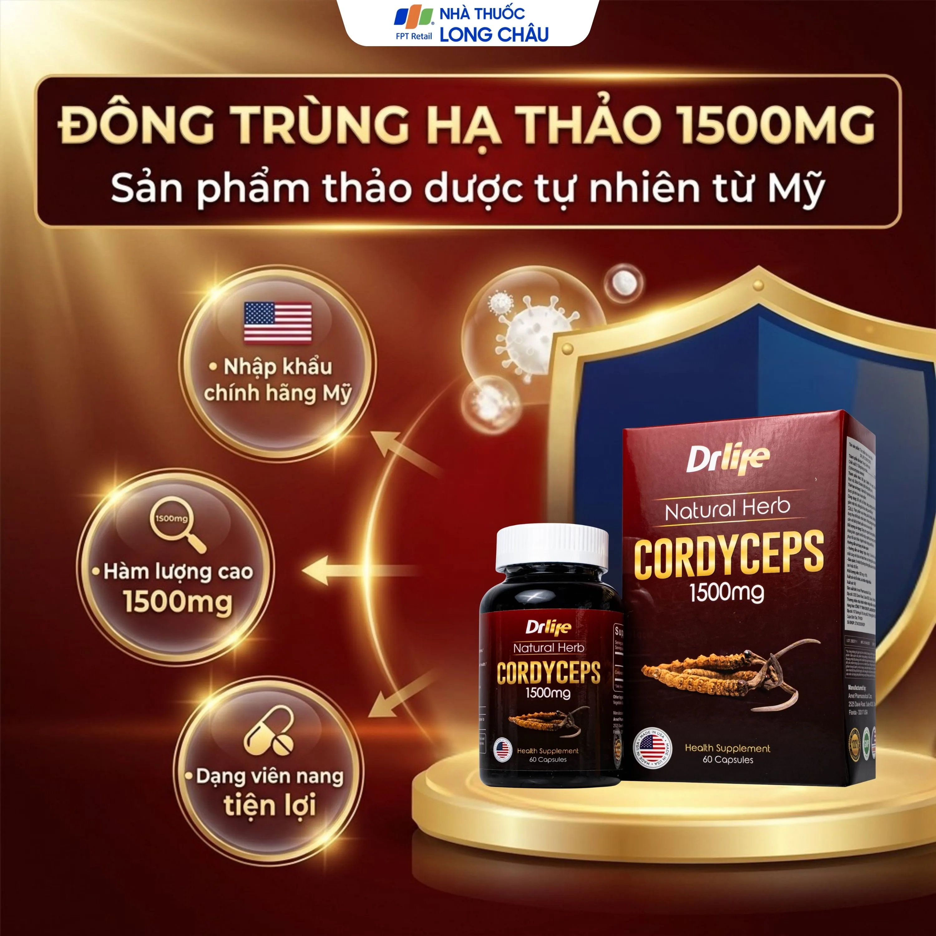 VIÊN UỐNG ĐÔNG TRÙNG HẠ THẢO DR LIFE NATURAL HERB CORDYCEPS 1500MG 60V 2