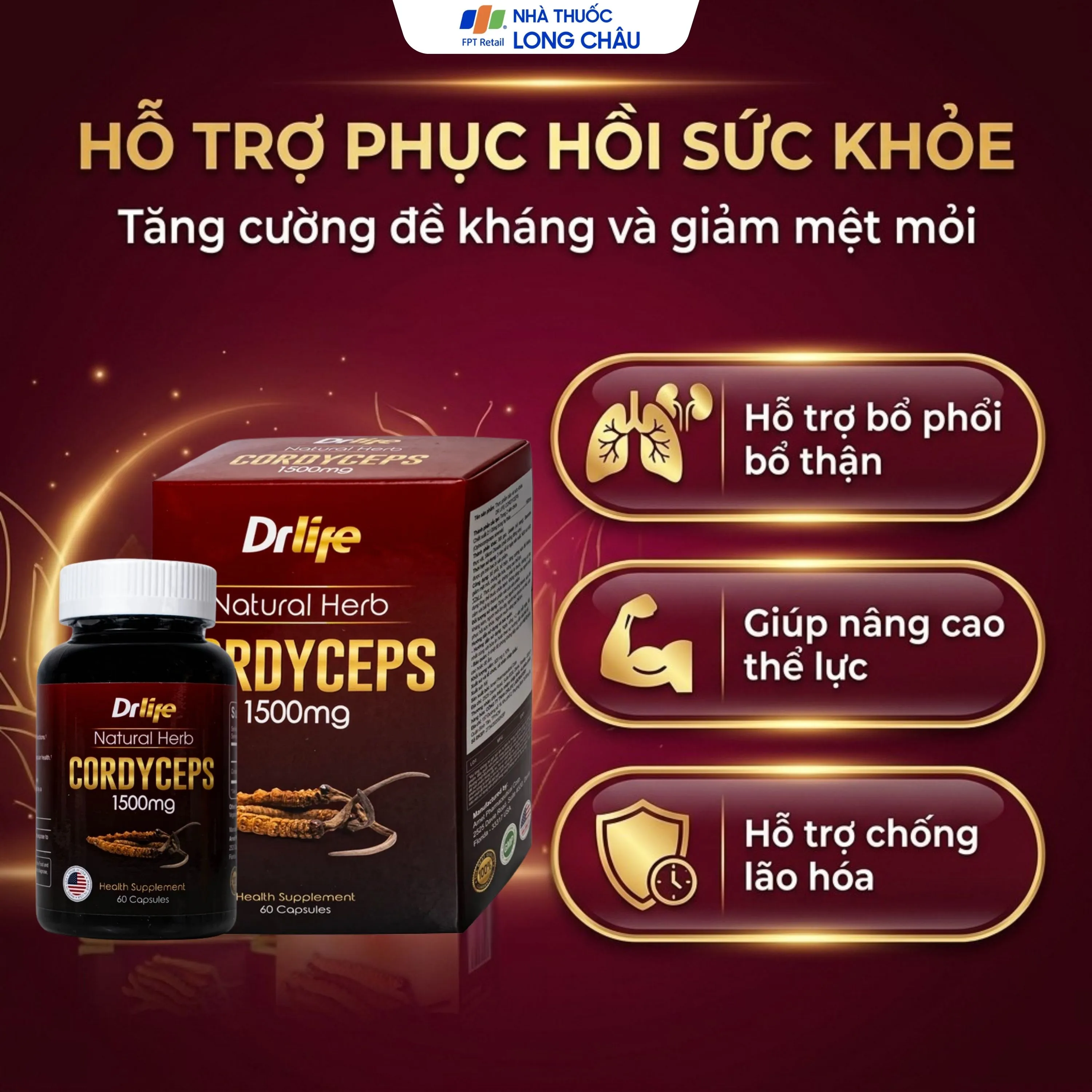 VIÊN UỐNG ĐÔNG TRÙNG HẠ THẢO DR LIFE NATURAL HERB CORDYCEPS 1500MG 60V 3