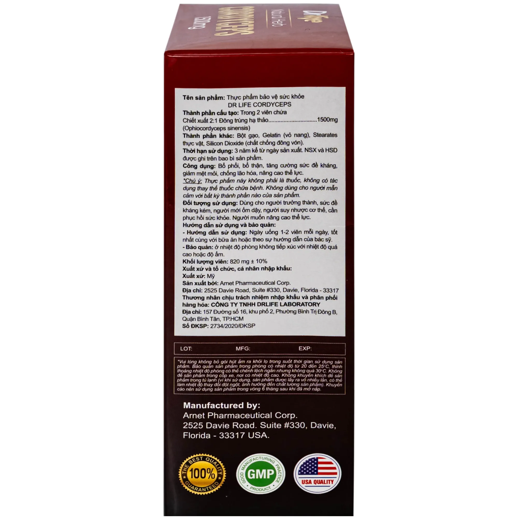 VIÊN UỐNG ĐÔNG TRÙNG HẠ THẢO DR LIFE NATURAL HERB CORDYCEPS 1500MG 60V 9