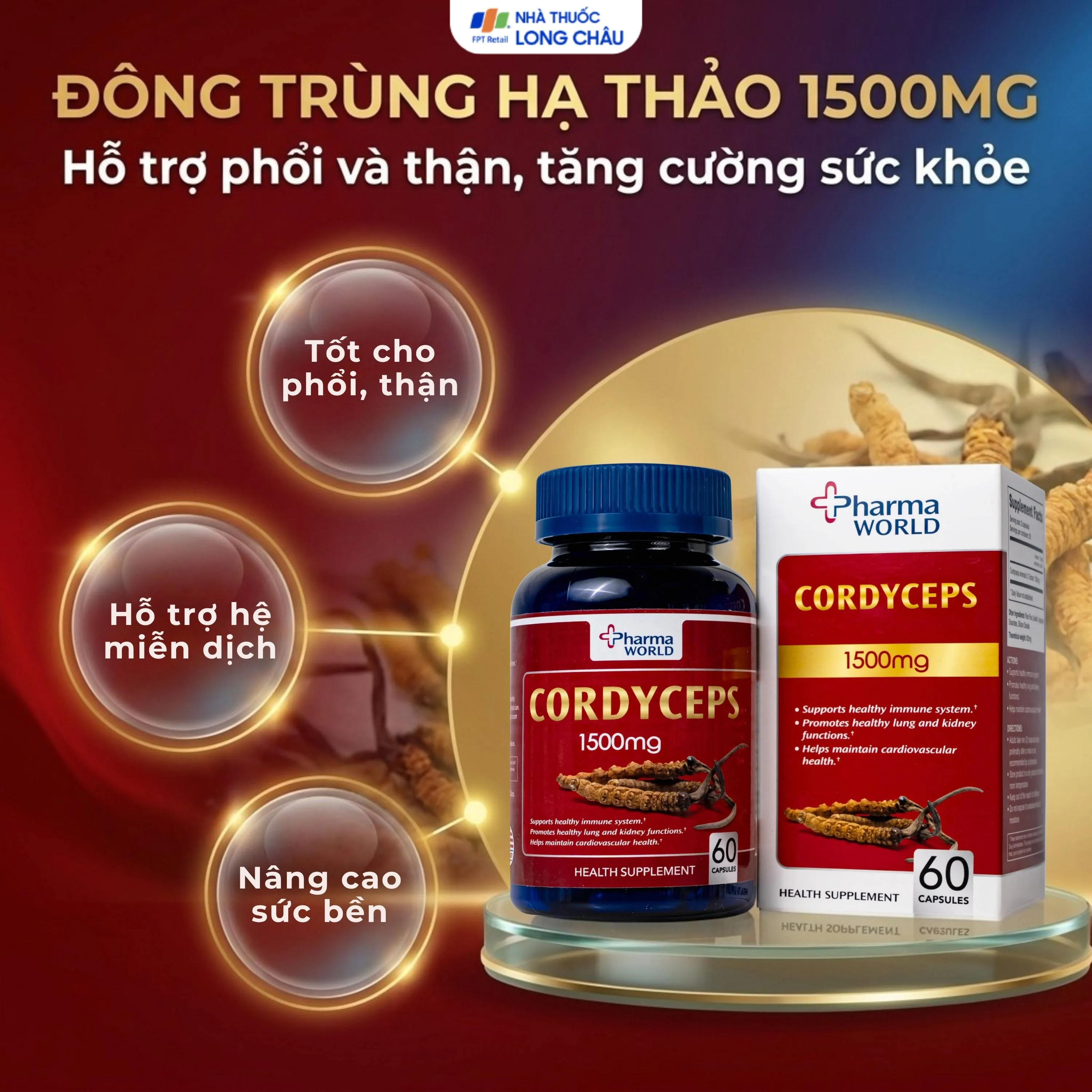 VIÊN UỐNG ĐÔNG TRÙNG HẠ THẢO PHARMA WORLD CORDYCEPS 1500MG 60V 2