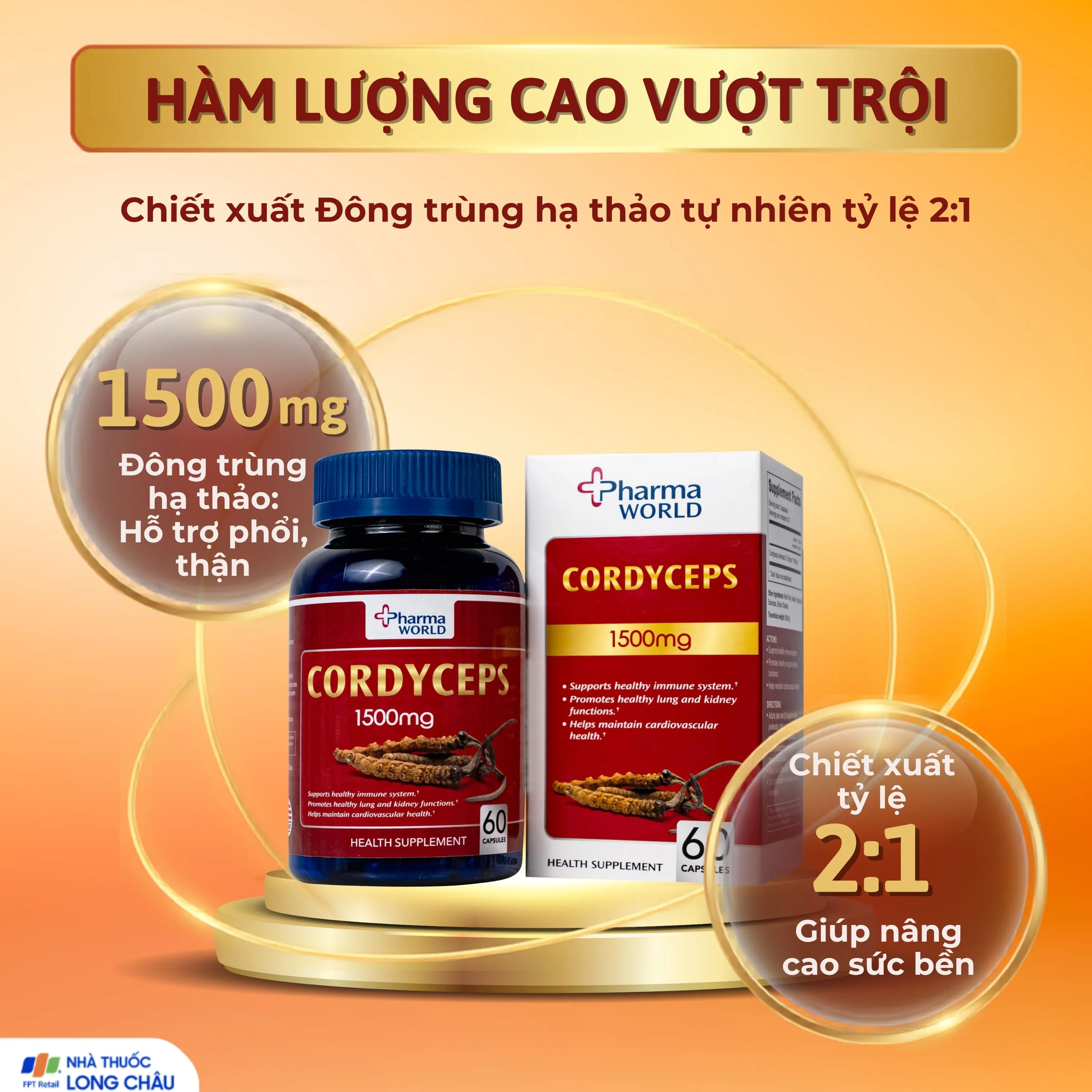 VIÊN UỐNG ĐÔNG TRÙNG HẠ THẢO PHARMA WORLD CORDYCEPS 1500MG 60V 3
