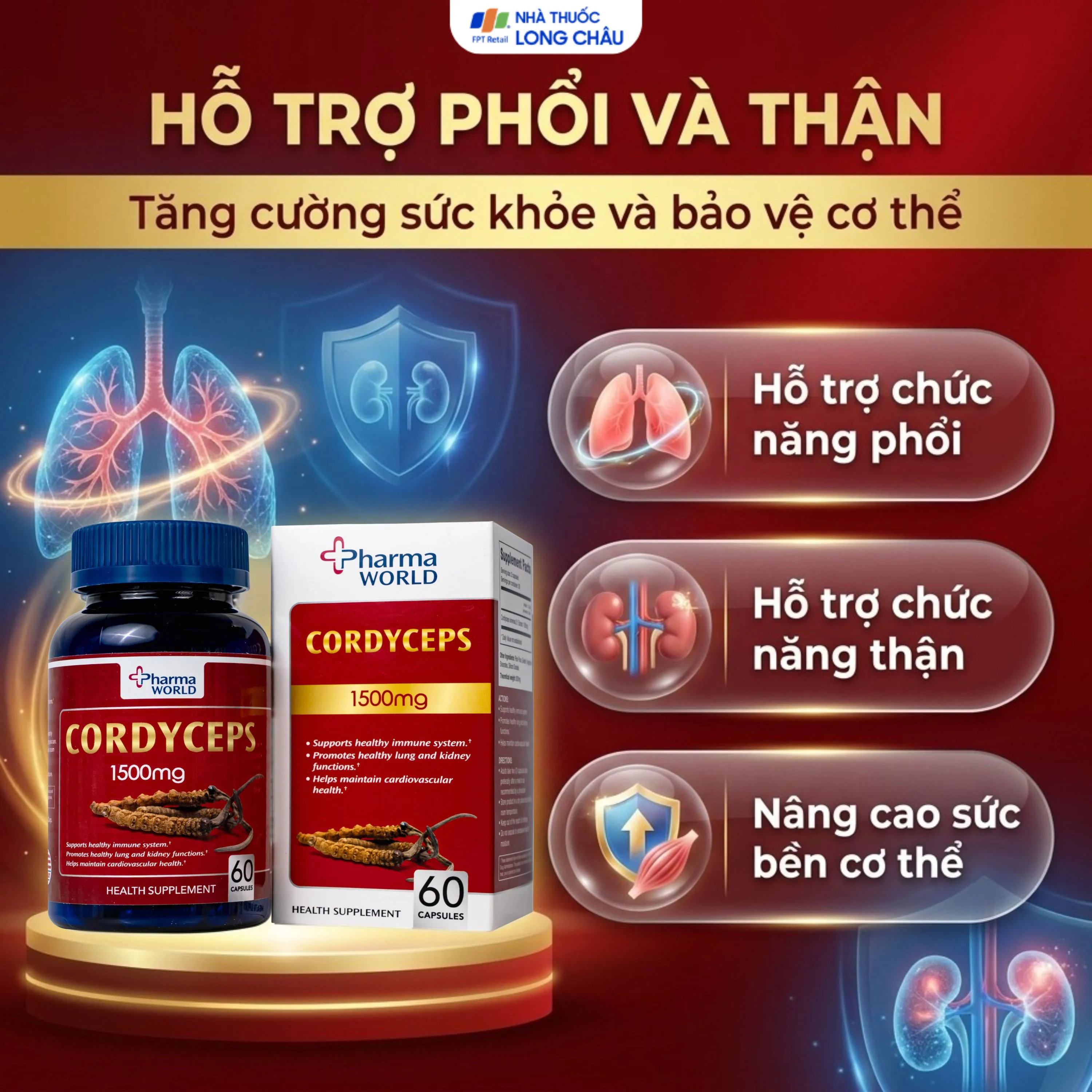 VIÊN UỐNG ĐÔNG TRÙNG HẠ THẢO PHARMA WORLD CORDYCEPS 1500MG 60V 4