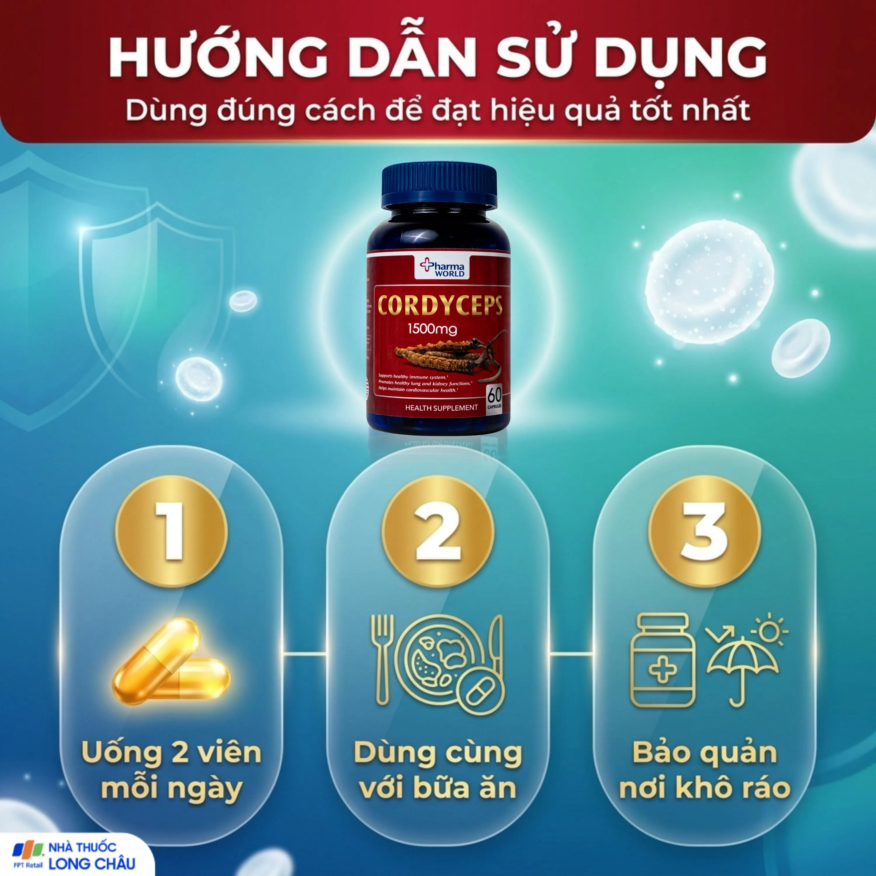 VIÊN UỐNG ĐÔNG TRÙNG HẠ THẢO PHARMA WORLD CORDYCEPS 1500MG 60V 5